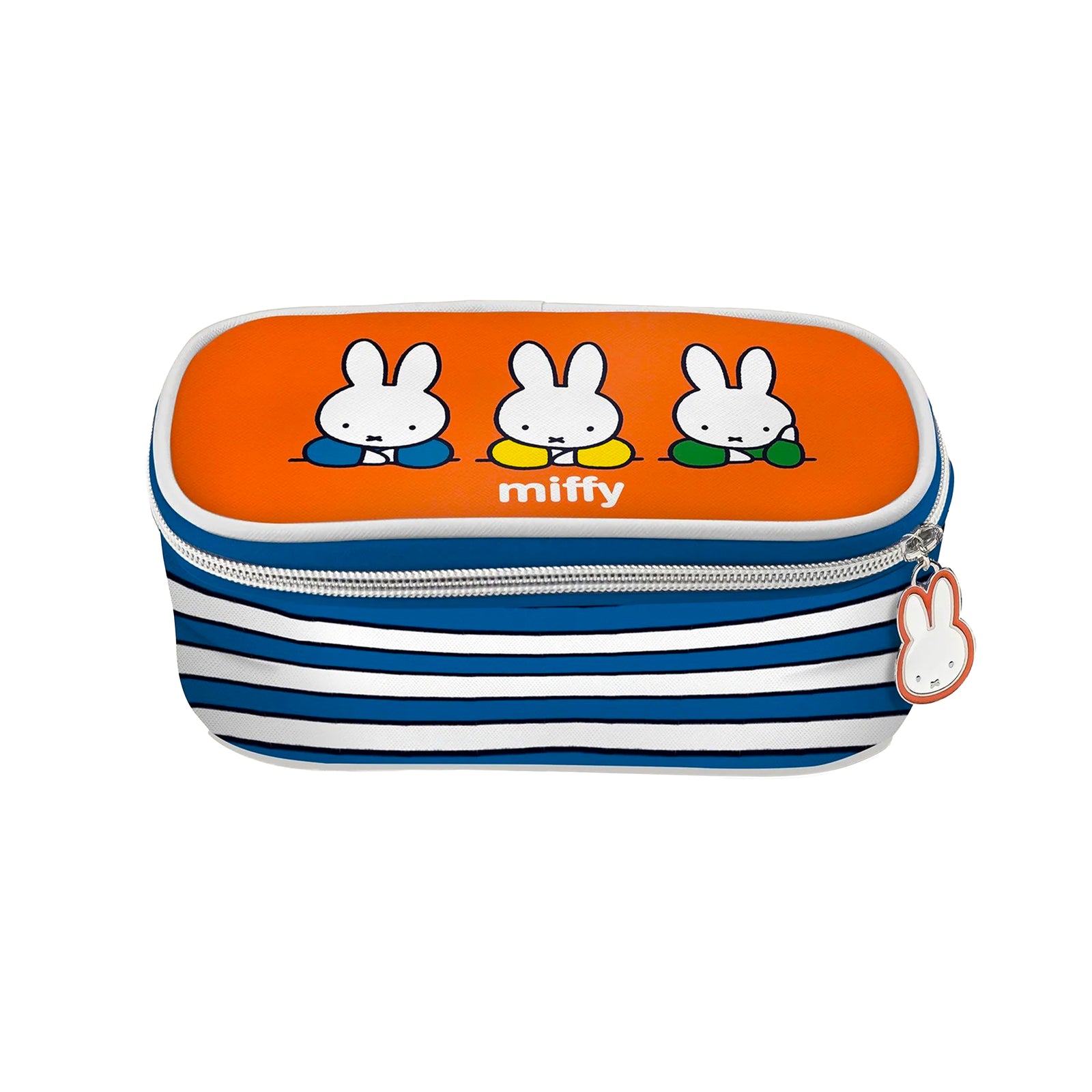 A Miffy-themed zippered pencil case with an orange top panel featuring three cartoon bunnies and the 'miffy' logo, and a blue-and-white striped body.