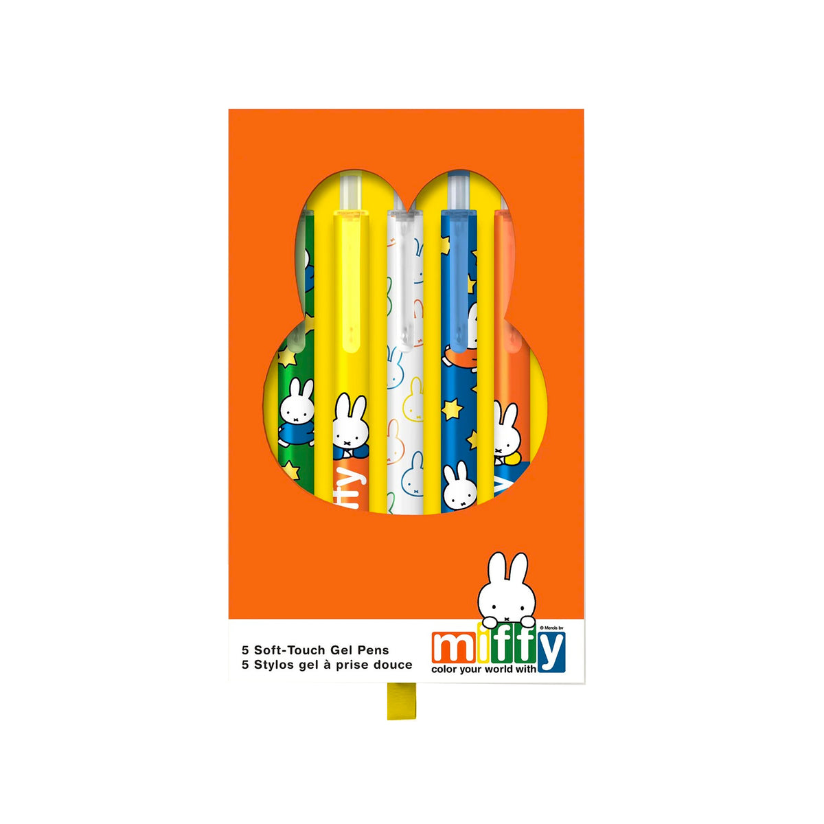 A package of five Miffy branded soft-touch gel pens visible through a die-cut orange window. The pens have colorful cartoon patterns including Miffy rabbits, stars, and clouds on green, yellow, white, blue, and orange backgrounds.