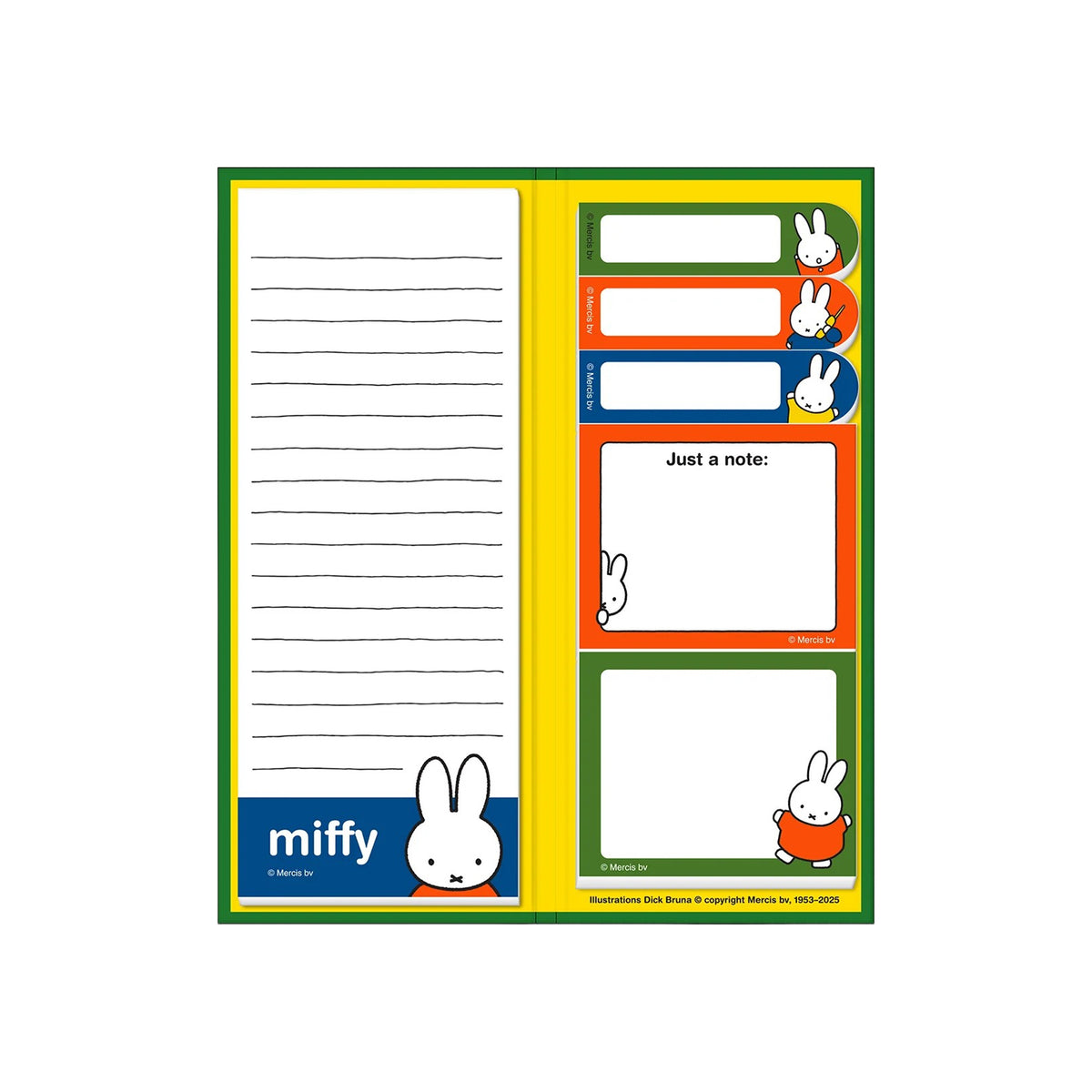 A Miffy-themed notepad sheet shown open flat, with lined writing space on the left and multiple labeled note sections on the right. The pad has a yellow background with green borders and colorful panels in green, orange, blue, and red.