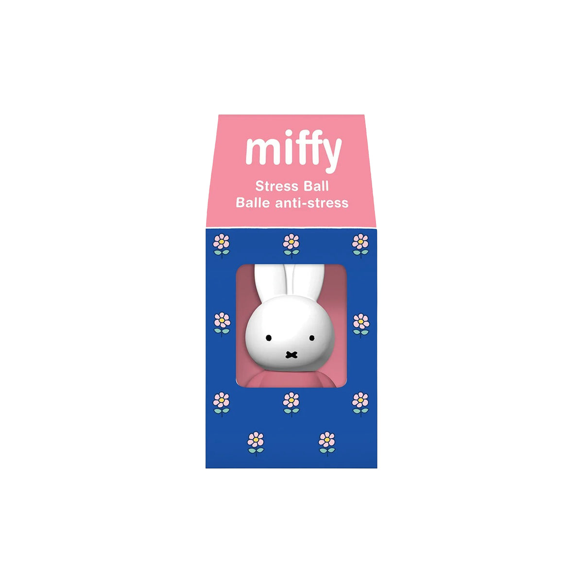 Miffy Stress Ball in its original packaging, featuring a pink top section with the white text 'miffy Stress Ball Balle anti-stress' and a blue lower section decorated with small white flowers, showing the white Miffy character inside.