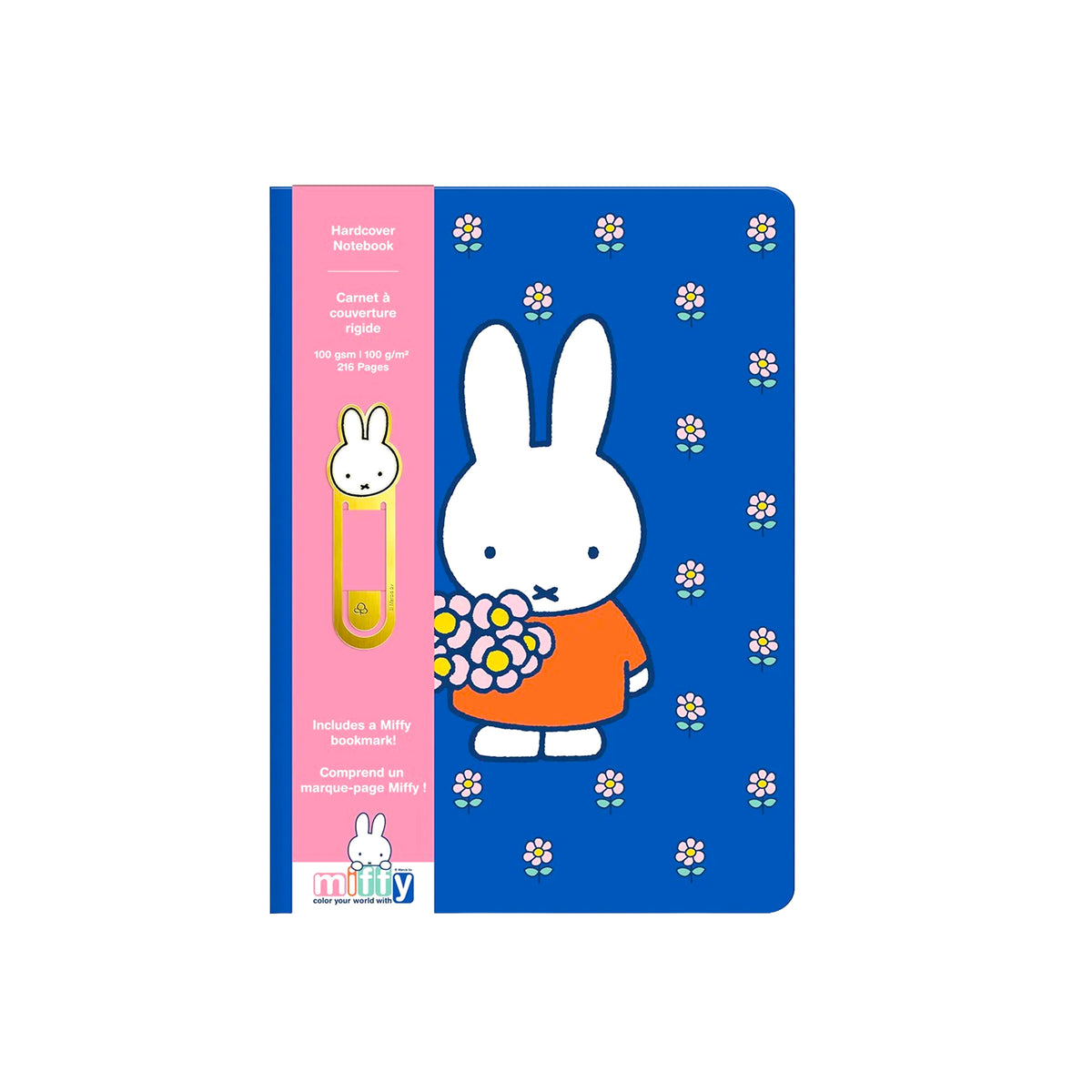 A Miffy branded hardcover notebook with a blue cover decorated with small white flowers and featuring a large white Miffy character holding flowers, next to a pink spine band with a small Miffy bookmark.