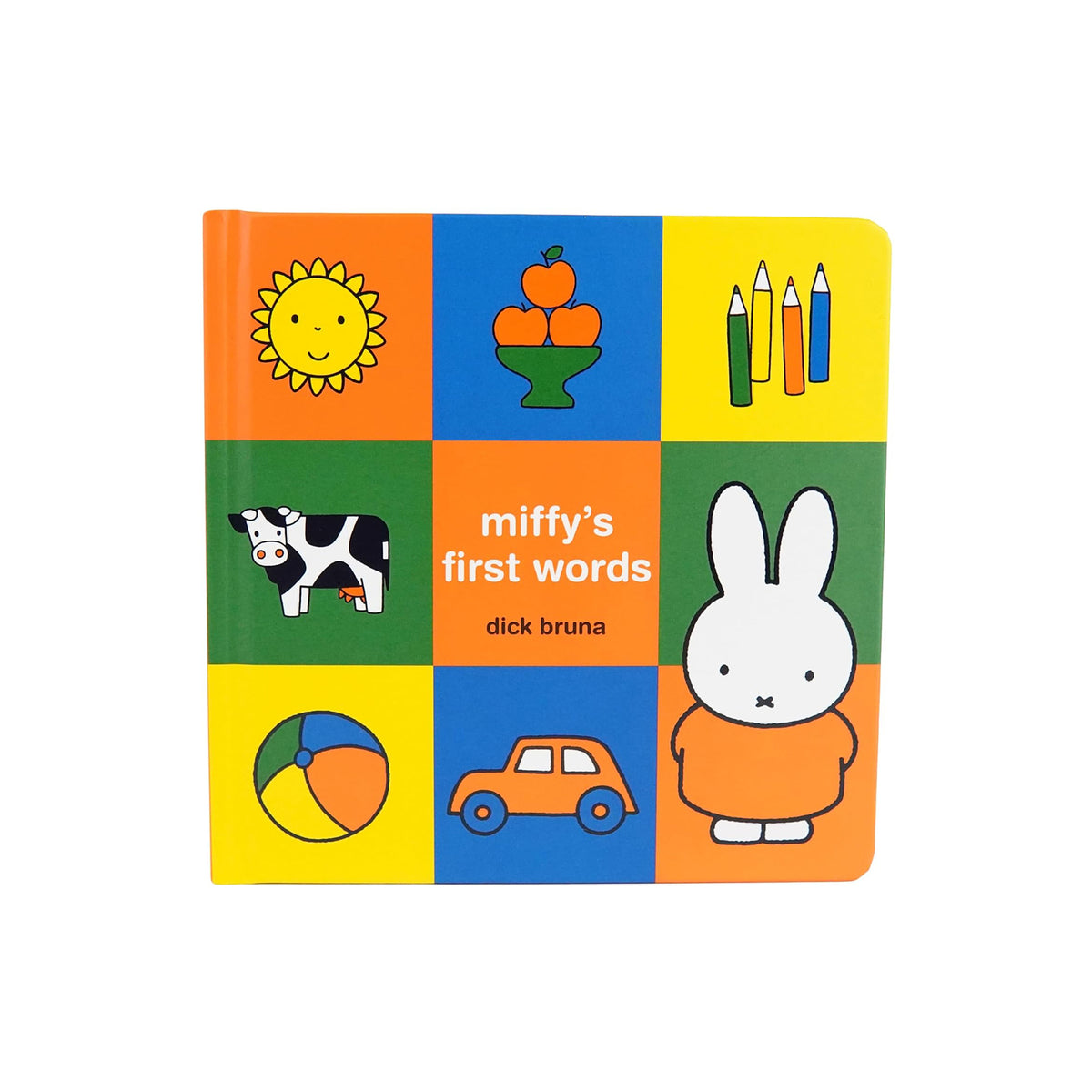 Children's book titled 'miffy's first words' by Dick Bruna with colorful illustrations on a white background.