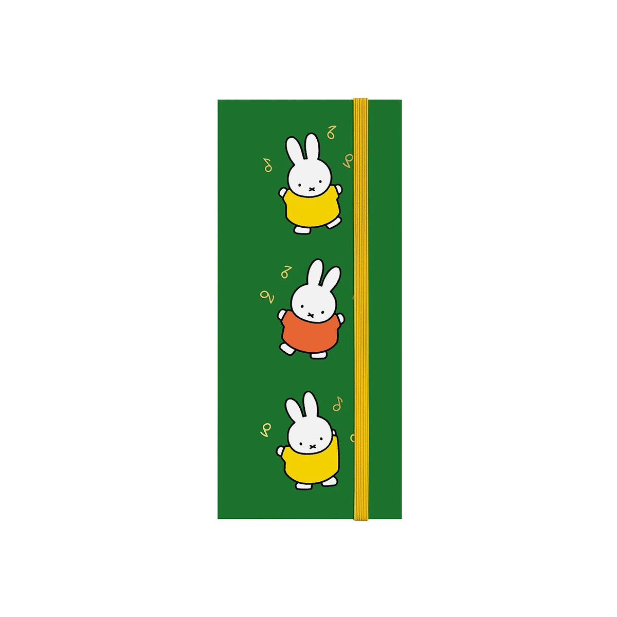 A green notebook or journal featuring the Dick Bruna character, Miffy in yellow and orange outfits, separated by a yellow elastic band, shown on a plain white background.