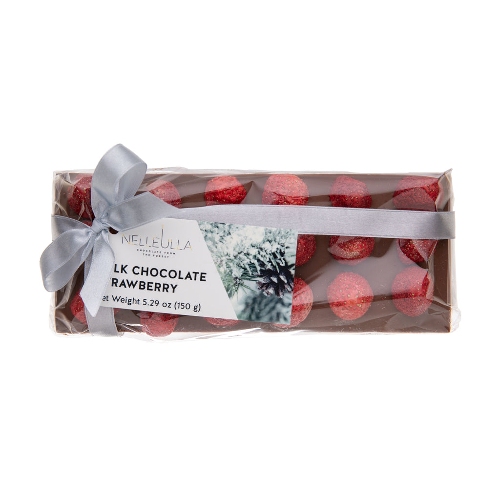 This luxuriously decadent chocolate bar is handmade, with delicious, freeze-dried strawberries, generously placed so that there is deliciously smooth milk chocolate and brightly tart fruit in every bite.   Beautifully packaged, perfect for gifting. 5.29 oz bar.