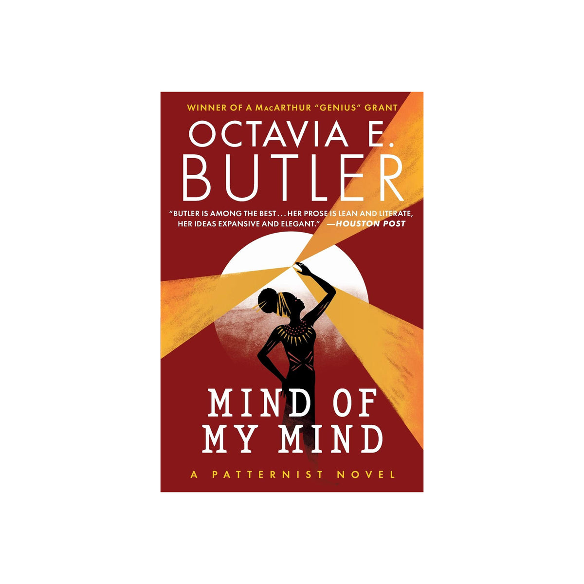 Book cover of 'Mind of My Mind' by Octavia E. Butler with a silhouette of a woman against a sunset.