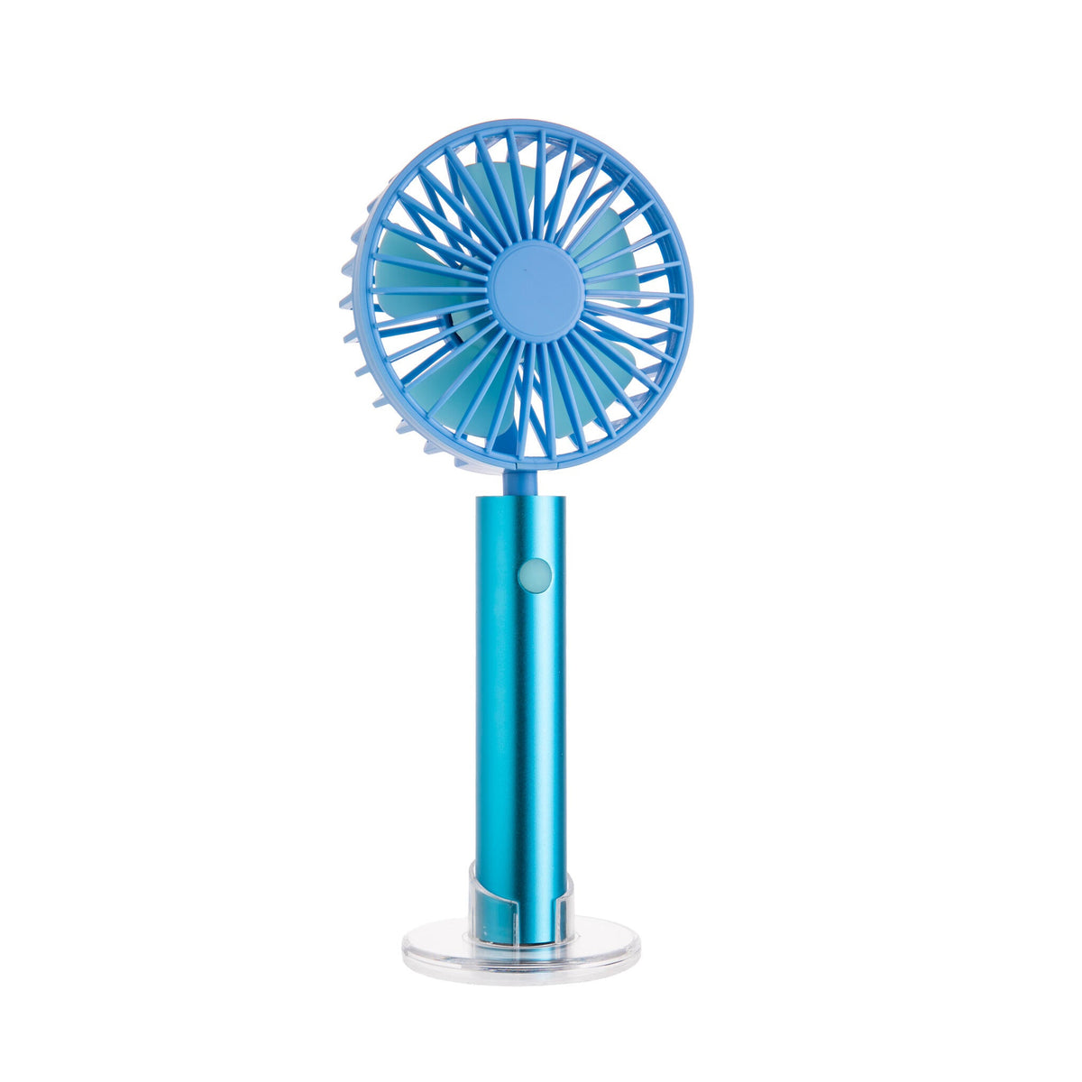 Blue handheld fan on a white background