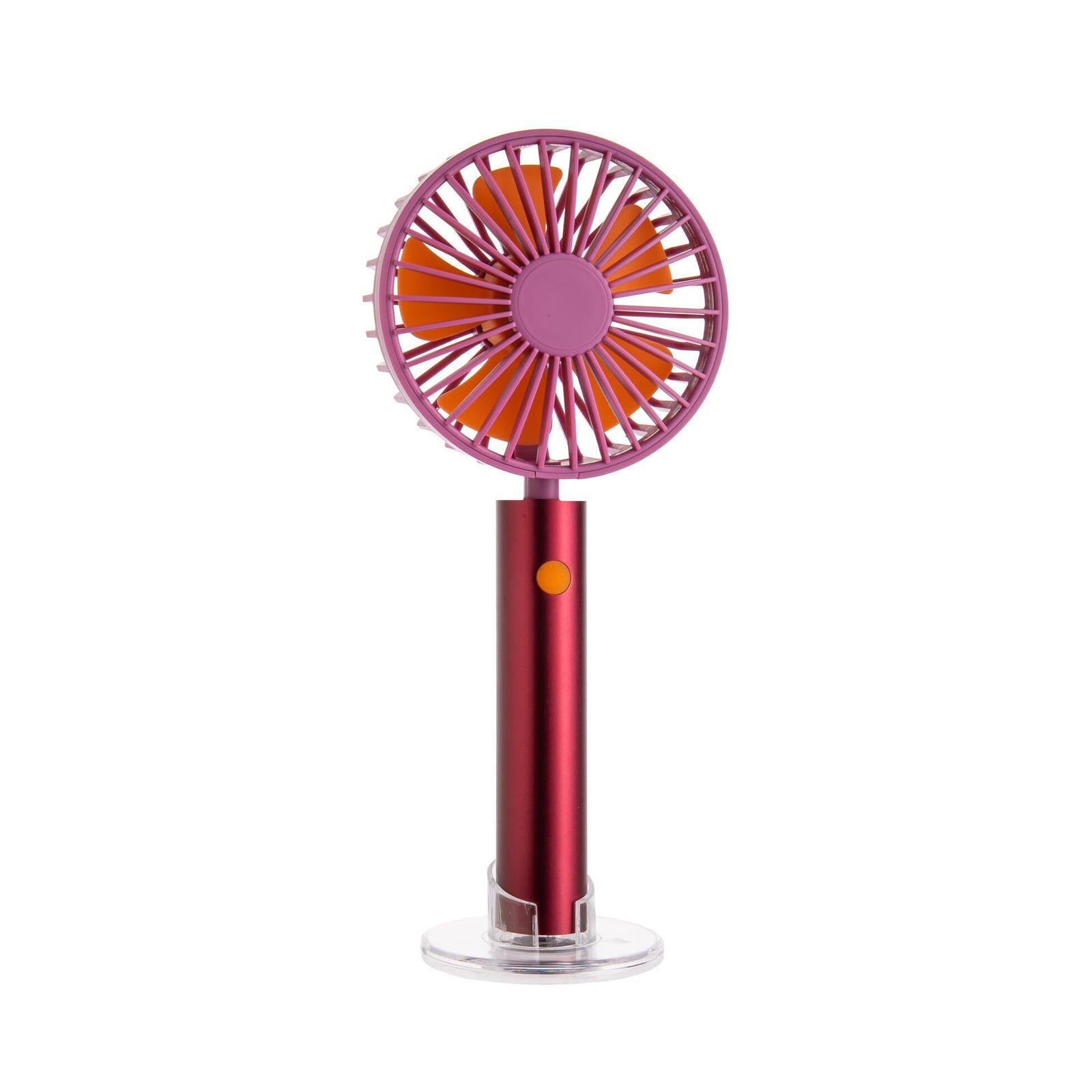 Red and orange handheld fan on a white background