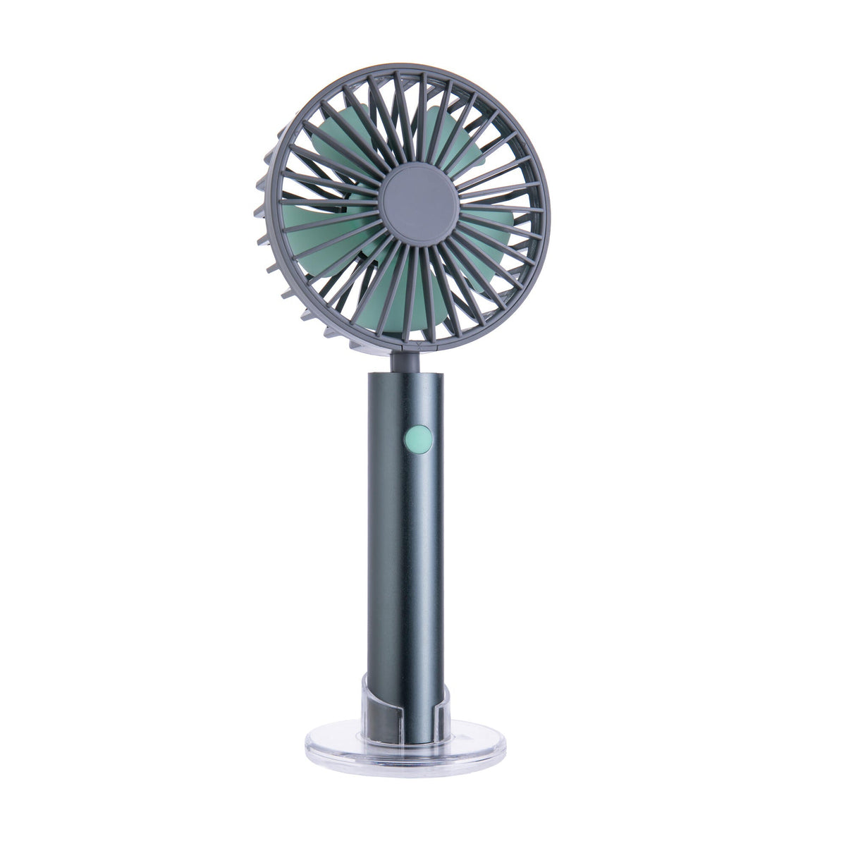 Handheld fan with gray and green design on a white background