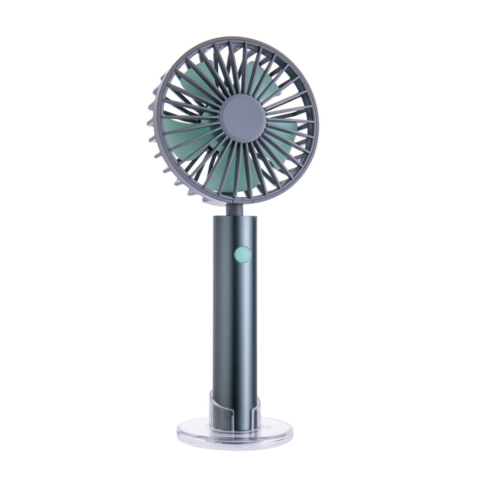 Handheld fan with gray and green design on a white background
