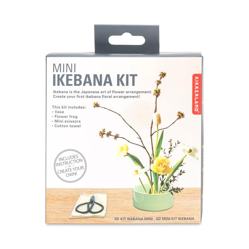 Ikebana is the stunning Japanese art of flower arrangement. Start to practice your own arrangements with this Mini Ikebana starter kit. The kit includes a vase, flower frog, mini shear scissors, and one ivory cotton towel, plus instructions. 