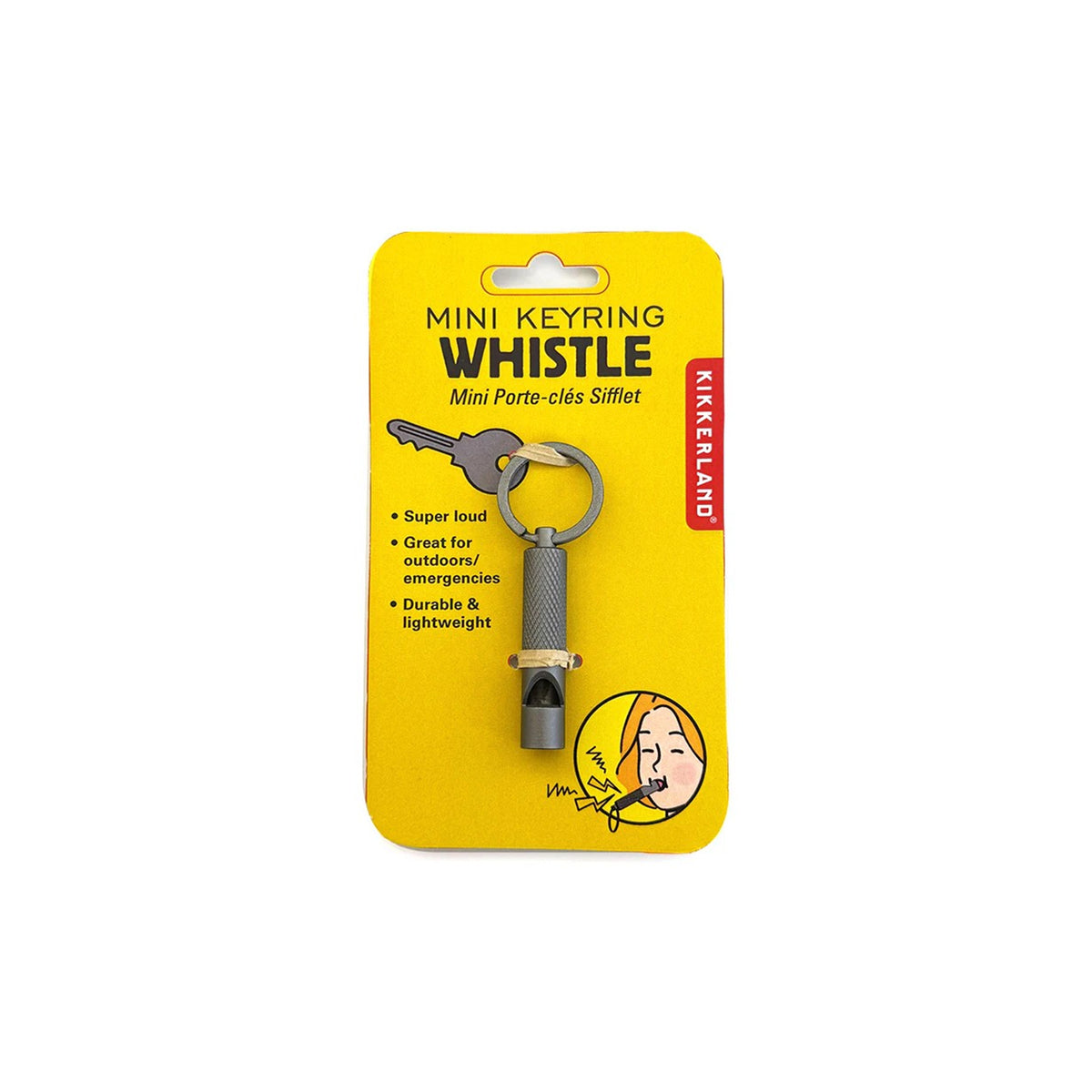Mini keyring whistle on a yellow packaging with brand logo.
