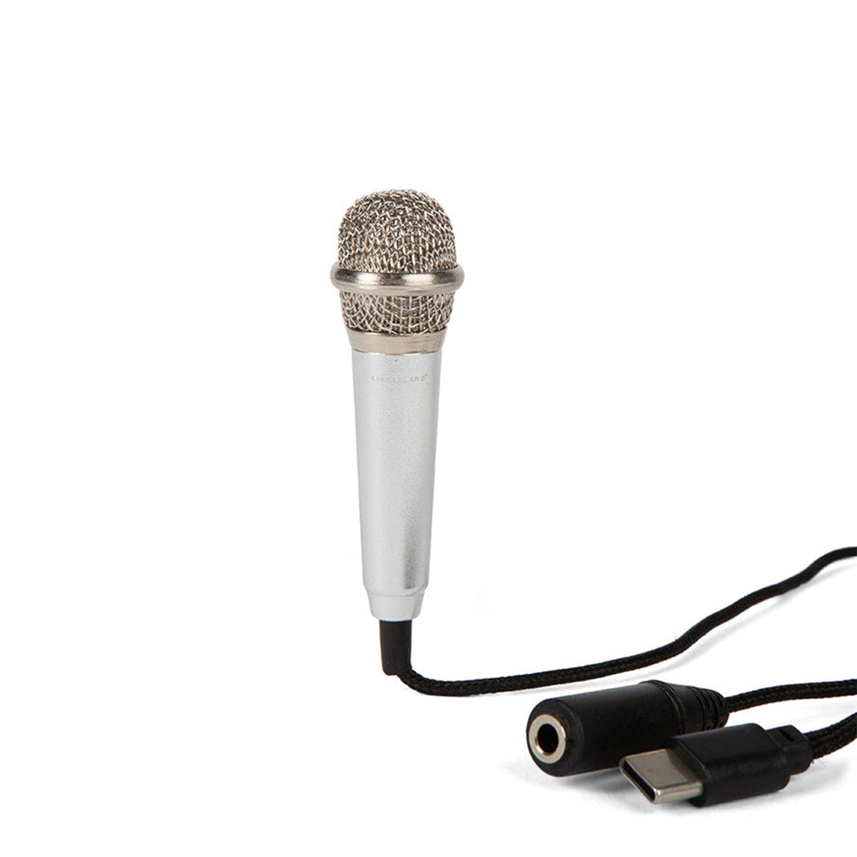 A miniature microphone which plugs into a cellphone via a USB-C cable, on a white background.
