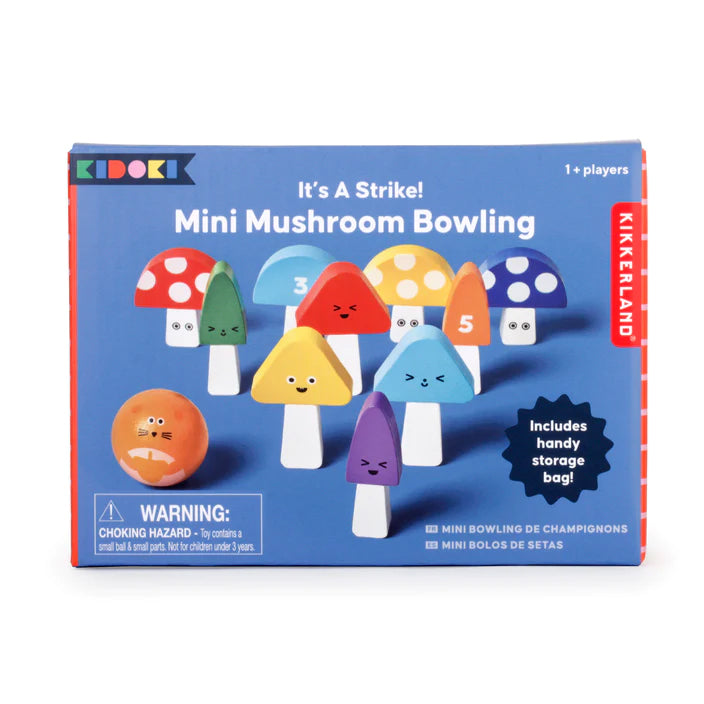 A delightful indoor wooden toy to keep kids happily entertained on rainy days and winter nights!  Roll the squirrel ball and try to knock down as many mushrooms as you can.     Includes: 10 mushroom pins, 1 squirrel bowling ball, 1 cotton draw string storage bag. Box dimensions: 6" x 4" x 2". Ages: 3+.