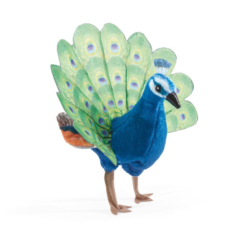 Plush toy of a peacock with vibrant colors on a white background