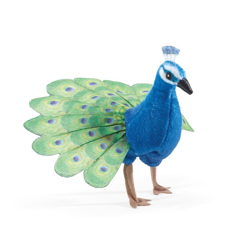 Plush toy of a peacock with vibrant colors on a white background