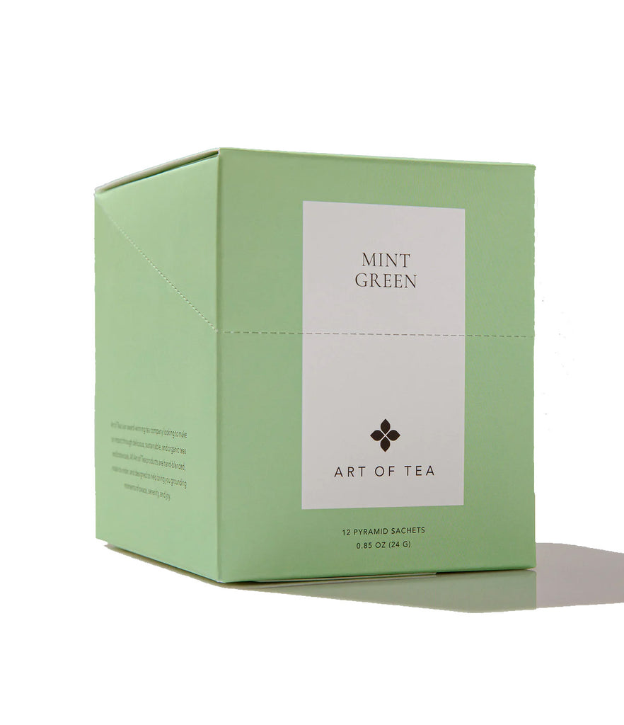 This refreshingly tasty handcrafted organic mint green tea is carefully packaged into pyramid-shaped, easy to steep, eco-friendly, biodegradable bags. These grassy, smooth mint tea bags are perfect for any time of day or after a heavy meal. 12 tea sachets in a box. 0.85 oz.