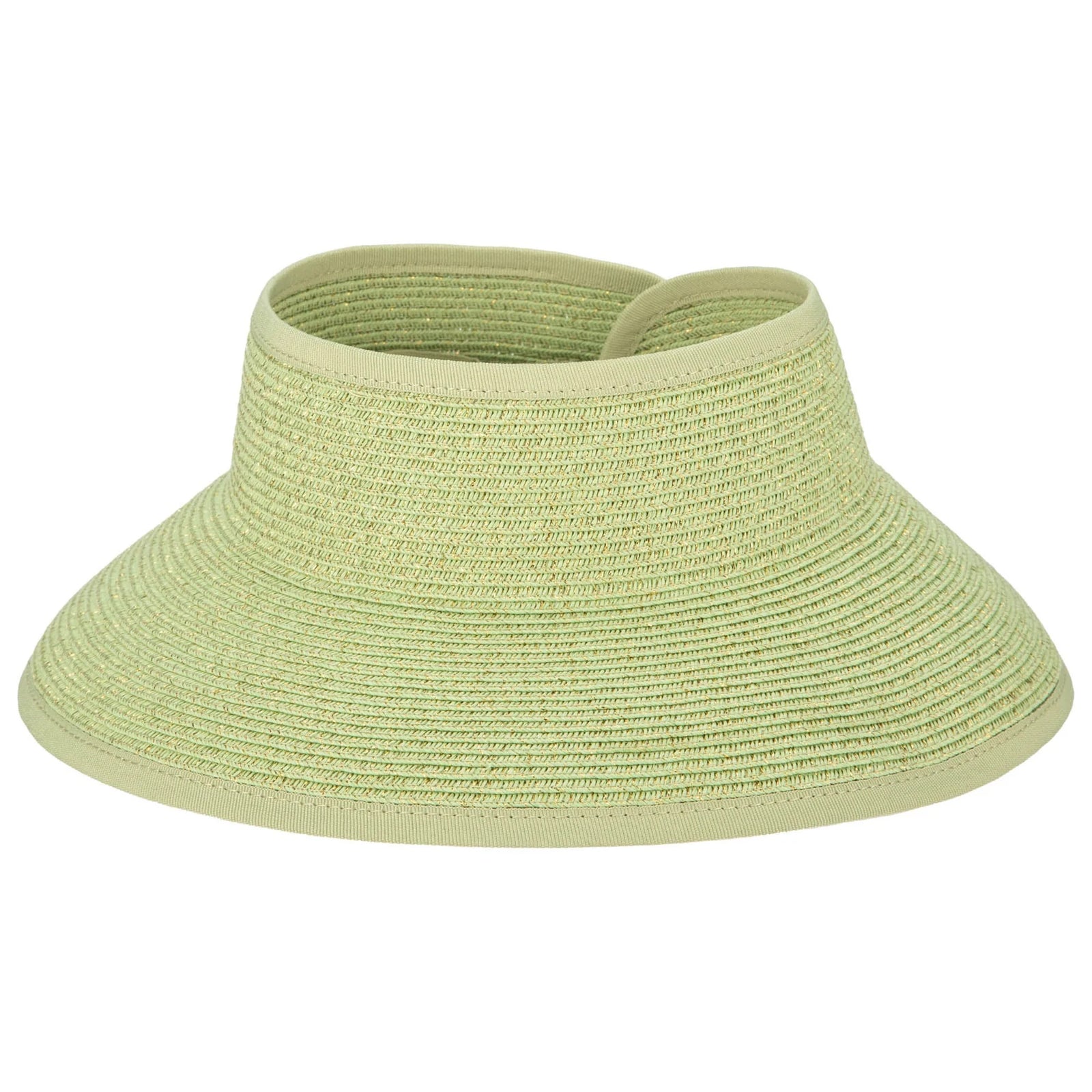 Easily roll it up and tuck it away in your purse or luggage. Made from a splashproof and packable paper braid with a splash of lurex thread for a touch of shimmer! Brim Size: 3" UPF 50+ Women's one size Packable & adjustable 75% paper, 25% polyester Gold lurex, grosgrain edges and adjustable Velcro back closure.