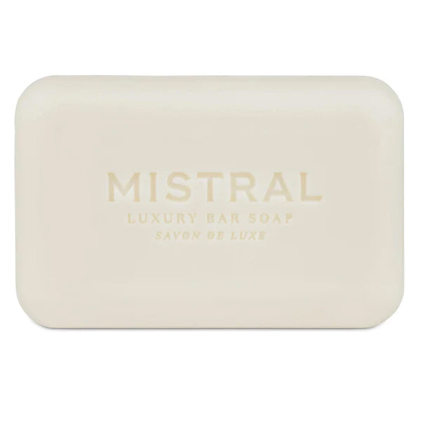 This luxurious bar soap from Mistral Soap is the perfect gift for the discerning soap connoisseur. Made with pure organic shea butter, it is gentle and moisturizing for dry, sensitive skin. French-milled for long-lasting use and contains all vegetable ingredients. Organic. Fragrance: Olive, pine. 7oz bar.