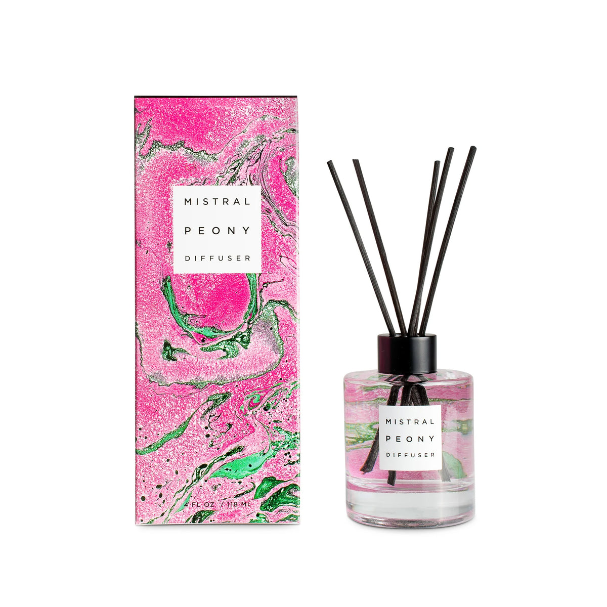 Mistral Peony diffuser with packaging on a white background