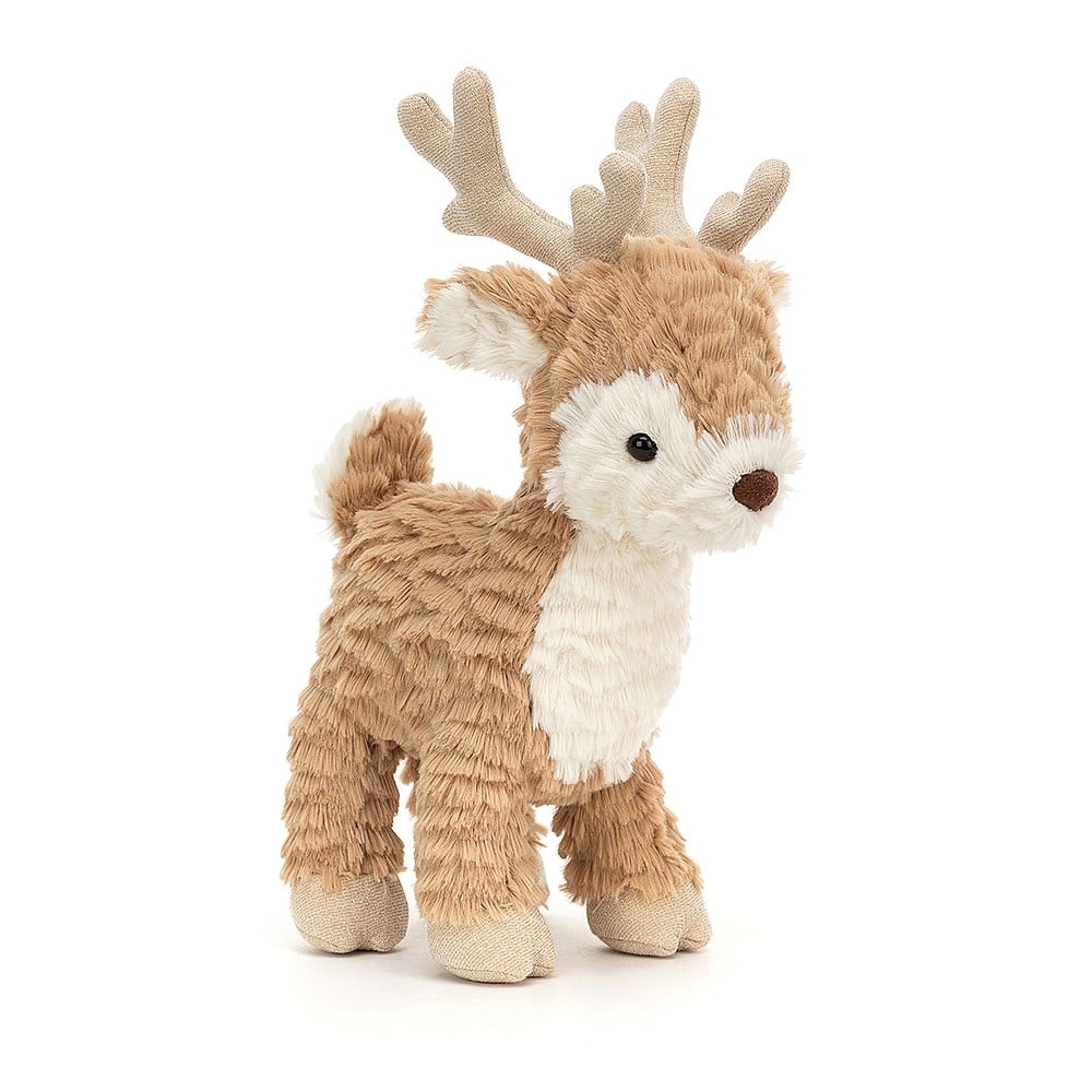 Mitzi Reindeer is a scrumptious flurry of butterscotch and caramel fur! This adorable reindeer is gently tousled, with sparkly antlers, cloven hooves, a tiny leaf tail and sweet fold ears. Mitzi stands proud, lost in a daydream of one day joining Santa's team! Dimensions: 10" x 3". Suitable from birth. Hand wash only.