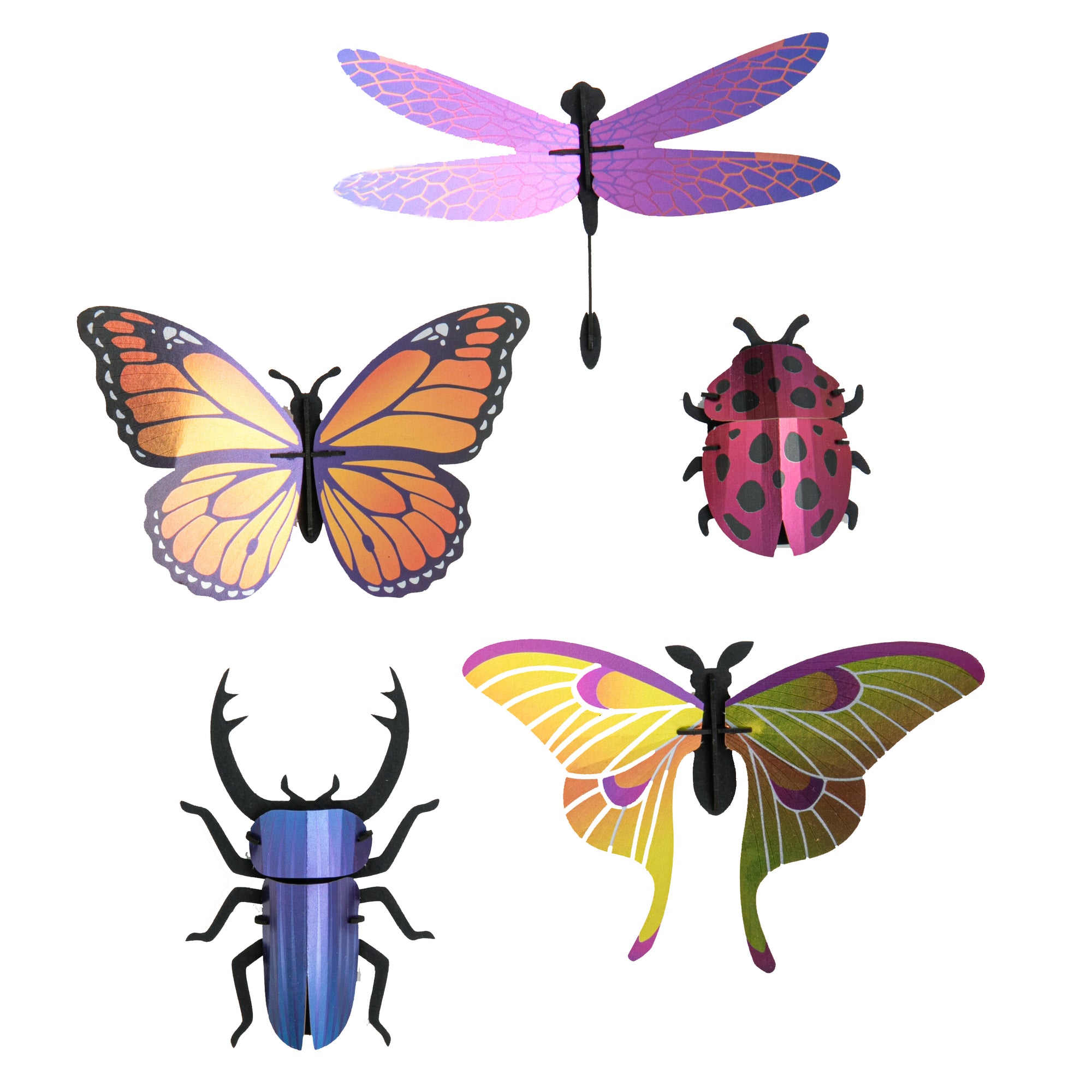 Colorful insect-shaped wall art on a white background