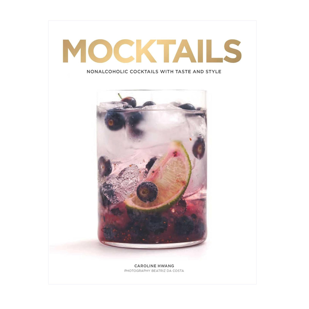 Book cover of 'Mocktails' with a glass of nonalcoholic cocktail featuring berries and lime.
