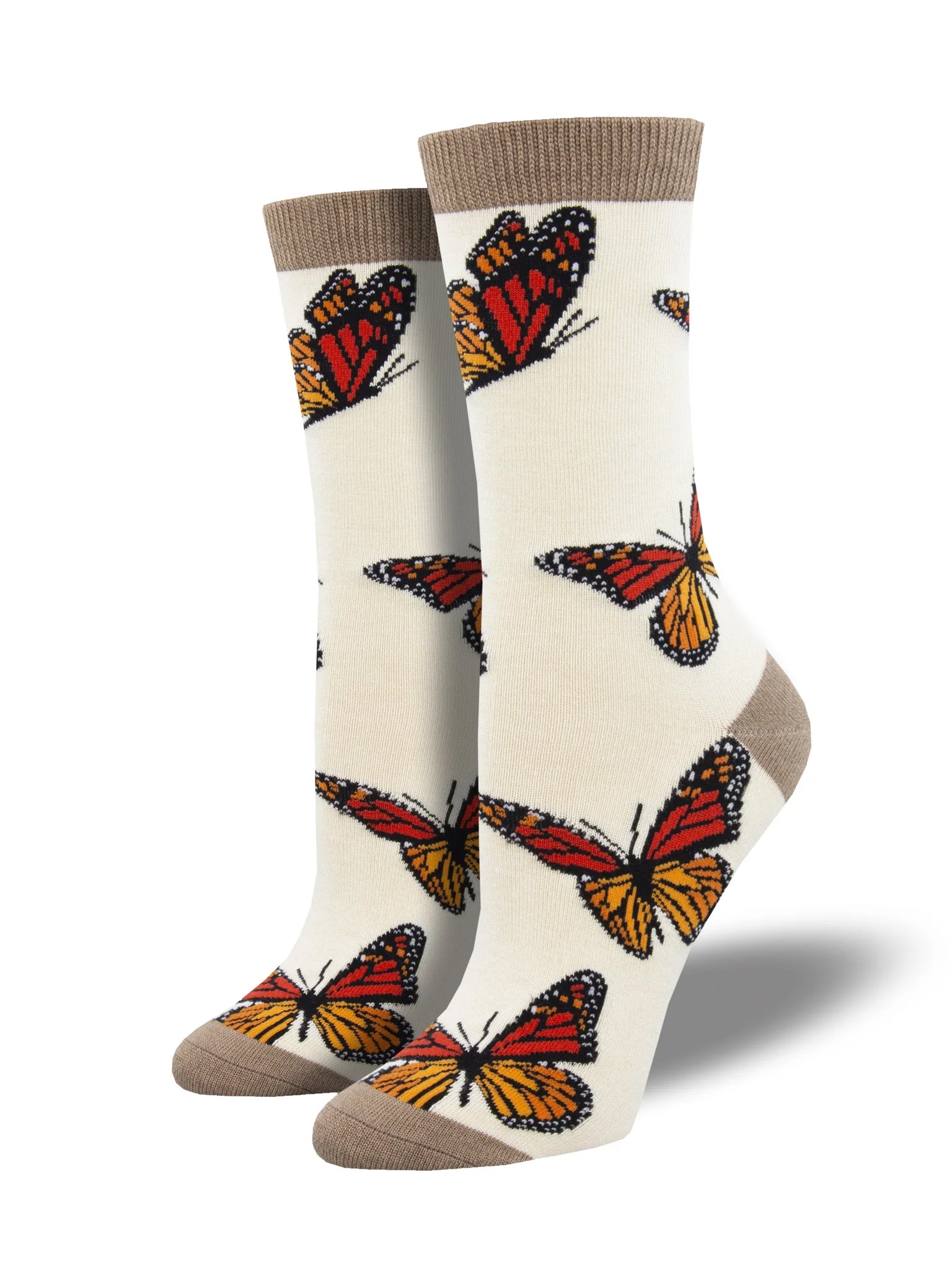 Add some fluttery fun to your wardrobe with these pretty socks which feature a vibrant Monach Butterfly, placed on a cream background with dark beige seamless heel and toe. Made from sustainable bamboo fiber. Organic. Free of harmful chemicals. U.S. women’s shoe size 5-10.5. 63% Rayon from Bamboo, 35% Nylon, 2%.