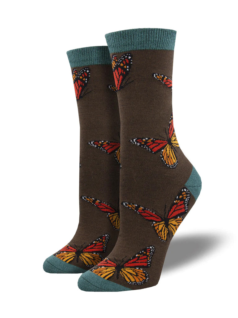 Add some fluttery fun to your wardrobe with these pretty socks which feature a vibrant Monach Butterfly, placed on a cream background with dark beige seamless heel and toe. Made from sustainable bamboo fiber. Organic. Free of harmful chemicals. U.S. women’s shoe size 5-10.5. 63% Rayon from Bamboo, 35% Nylon, 2%.