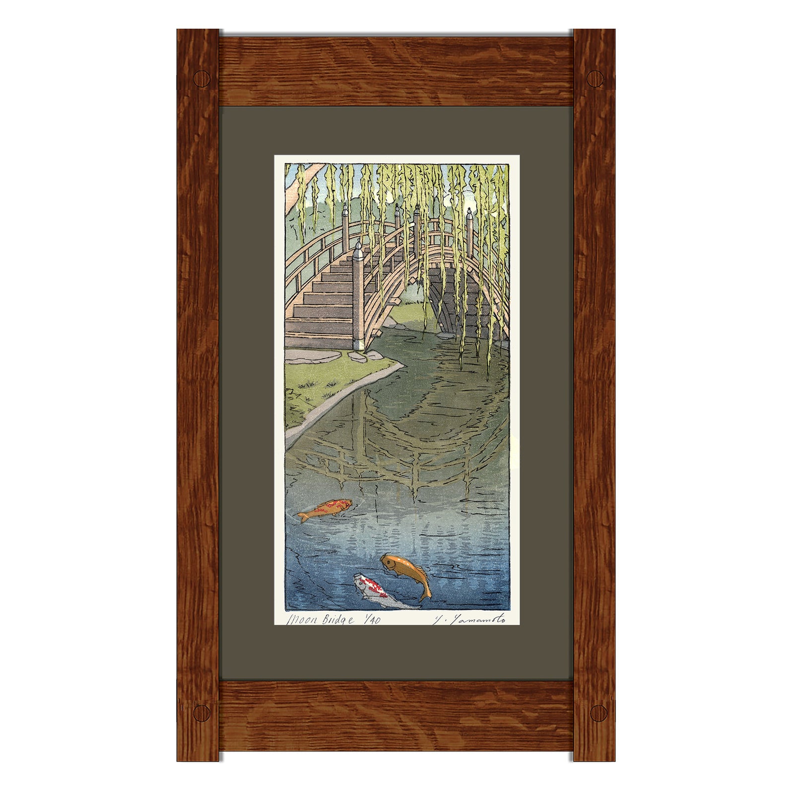Framed artwork of a bridge over water with fish, on a white background