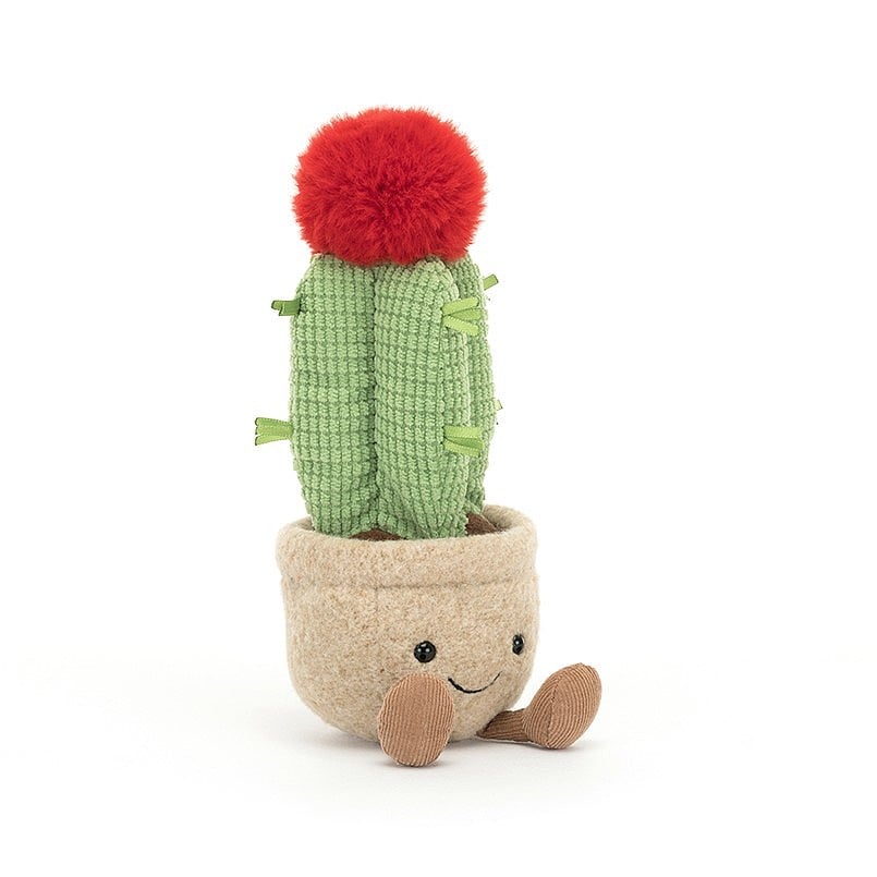 Looking pretty funky with a fluffy red crown and green grid-pattern stem, it’s Amuseable Moon Cactus! This dandy plant has an oaty felt pot, chocolate cord boots and fuzzy cocoa soil. Even the spikes are really soft ribbons! Dimensions: 8" x 3". Suitable from birth. Sponge clean only.