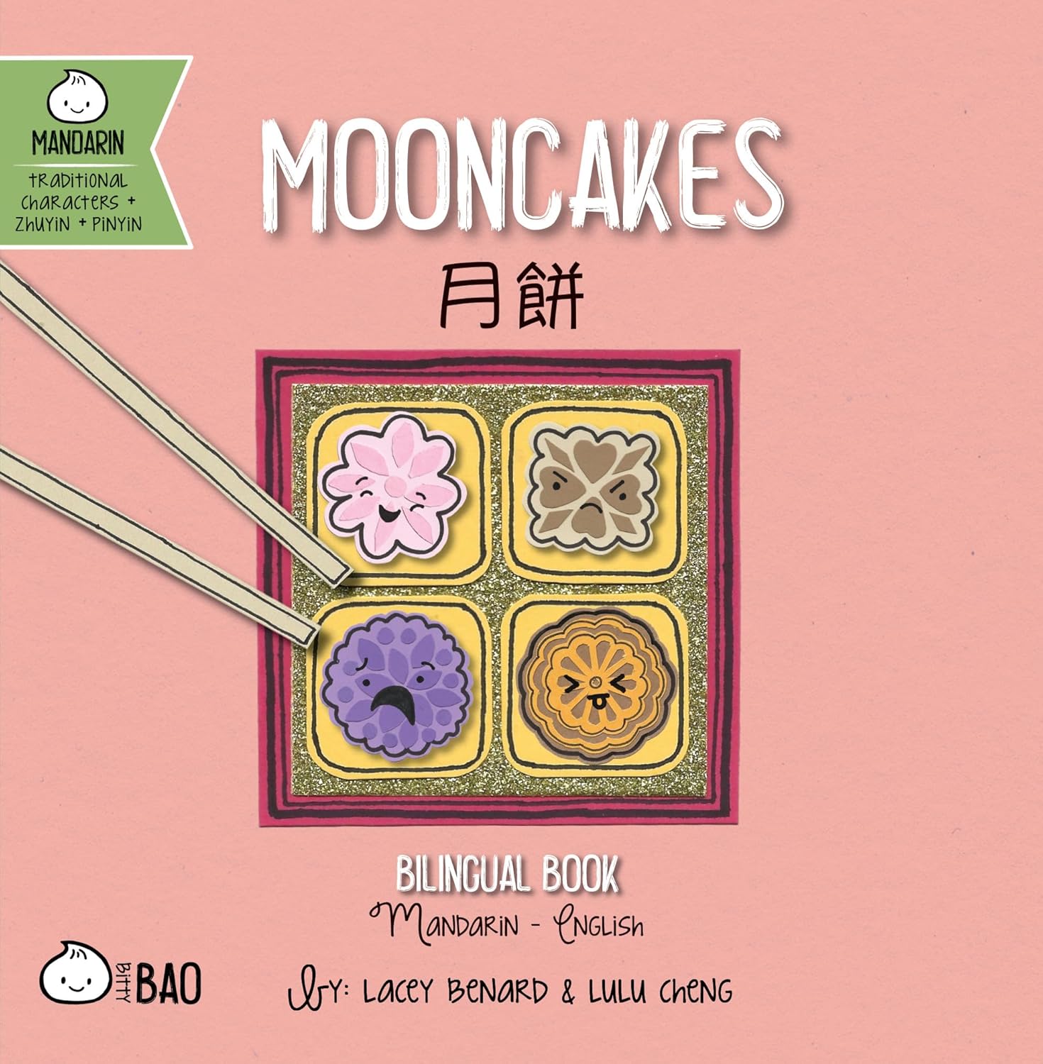 Mooncakes book cover with illustrations of mooncakes and chopsticks on a pink background