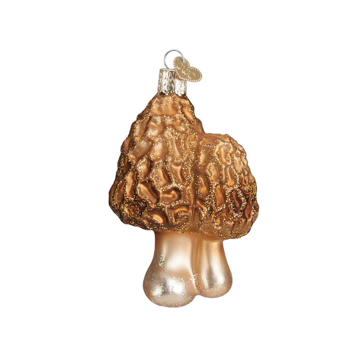 Glass ornament shaped like a morel mushroom on a white background