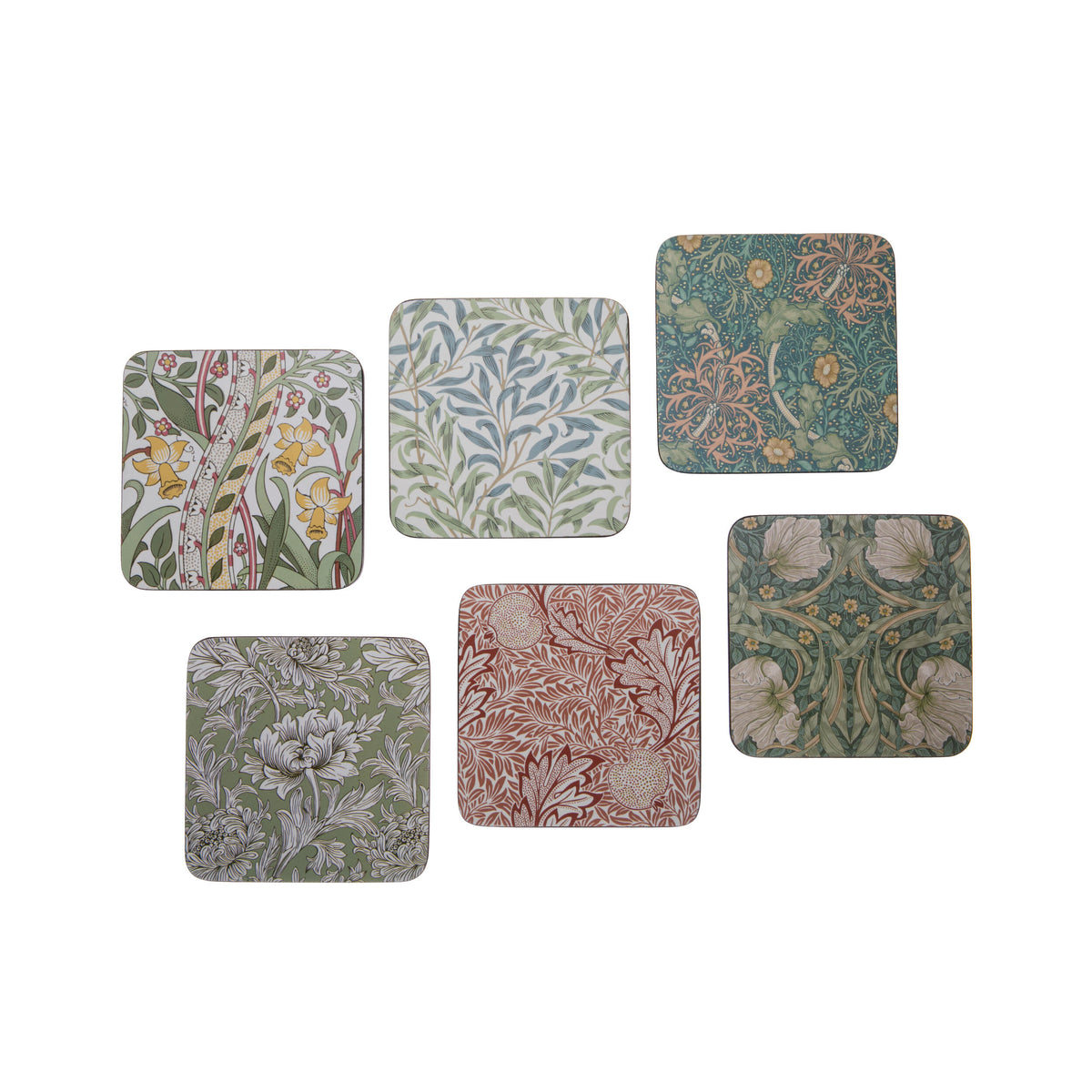 Set of six square coasters with floral patterns on a white background