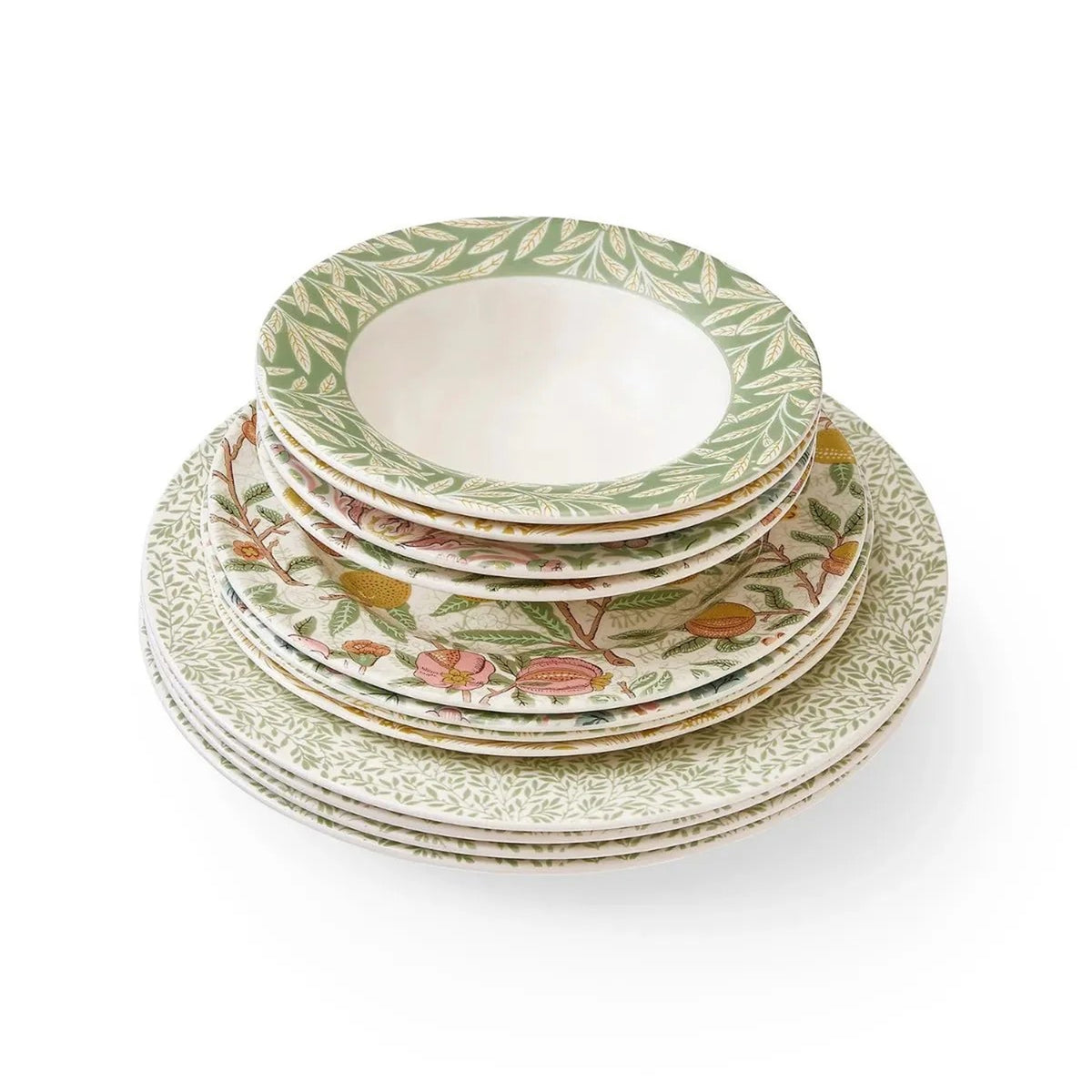 Set of ceramic plates with William Morris floral patterns on a white background