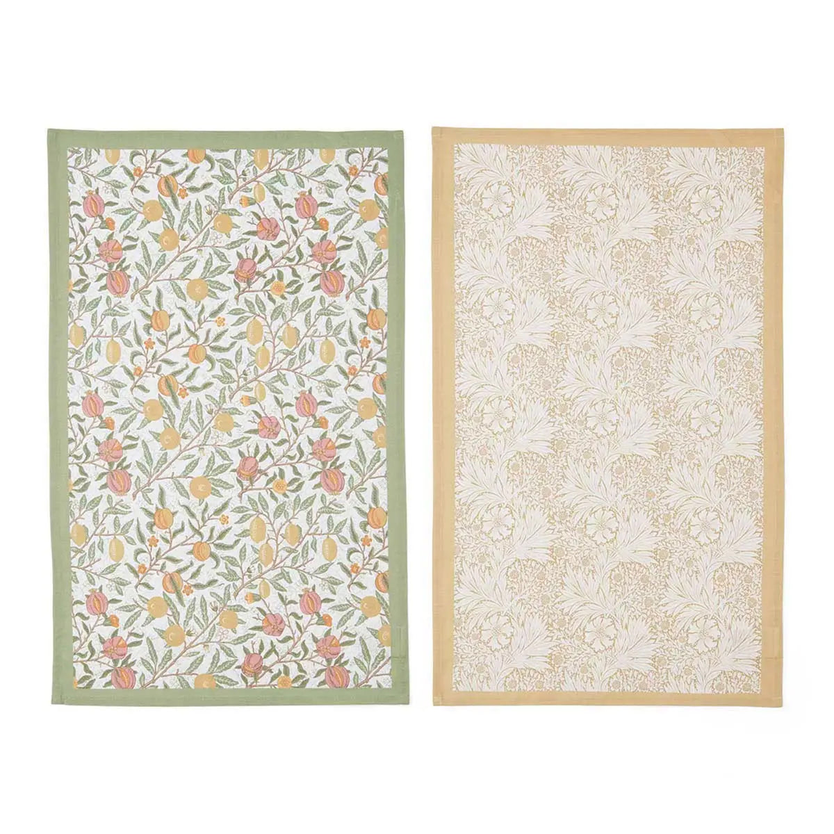 Two William Morris designed floral-patterned tea towels on a white background