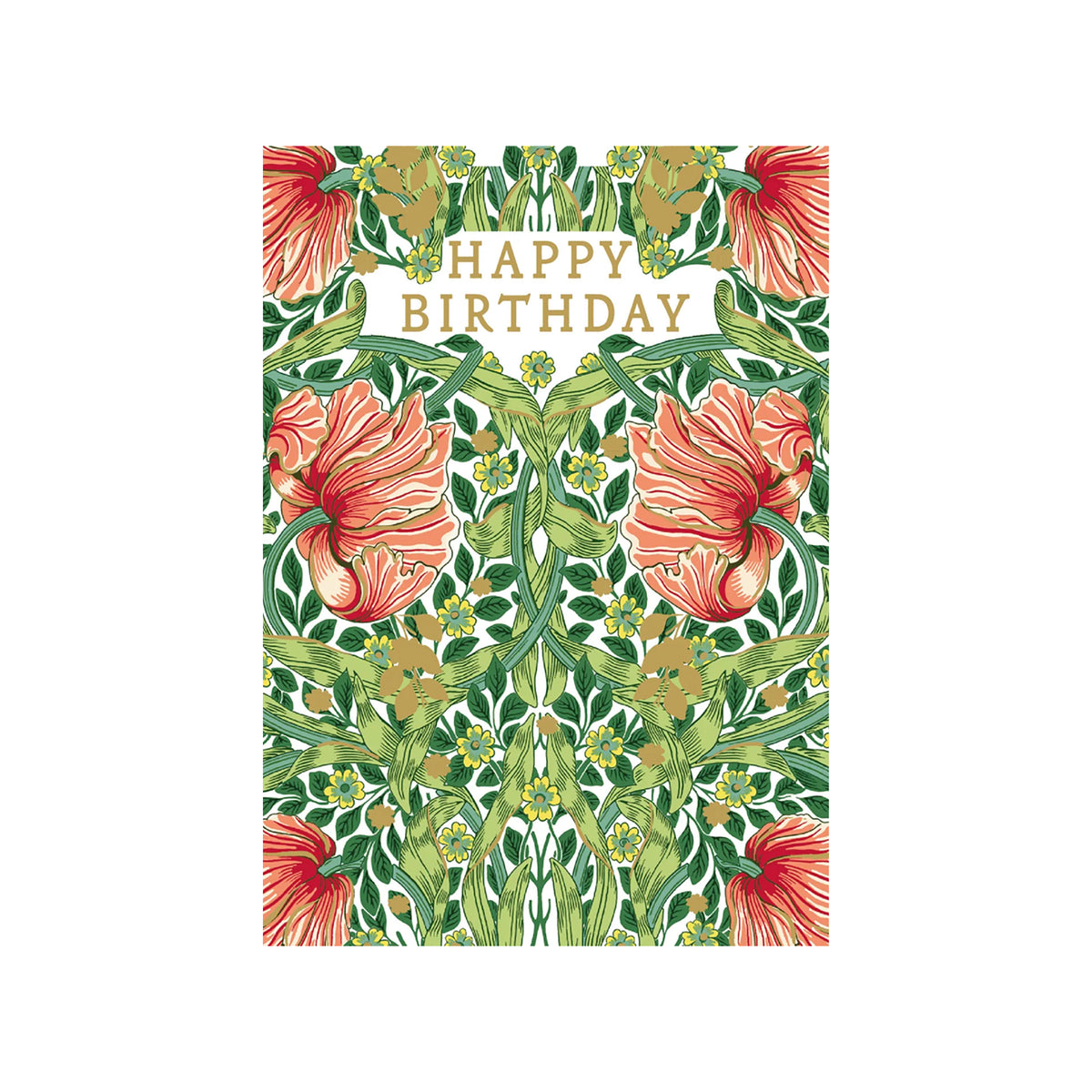 Greeting card with 'Happy Birthday' gold text on a background featuring the William Morris 'Pimpernel' print in reds and greens.