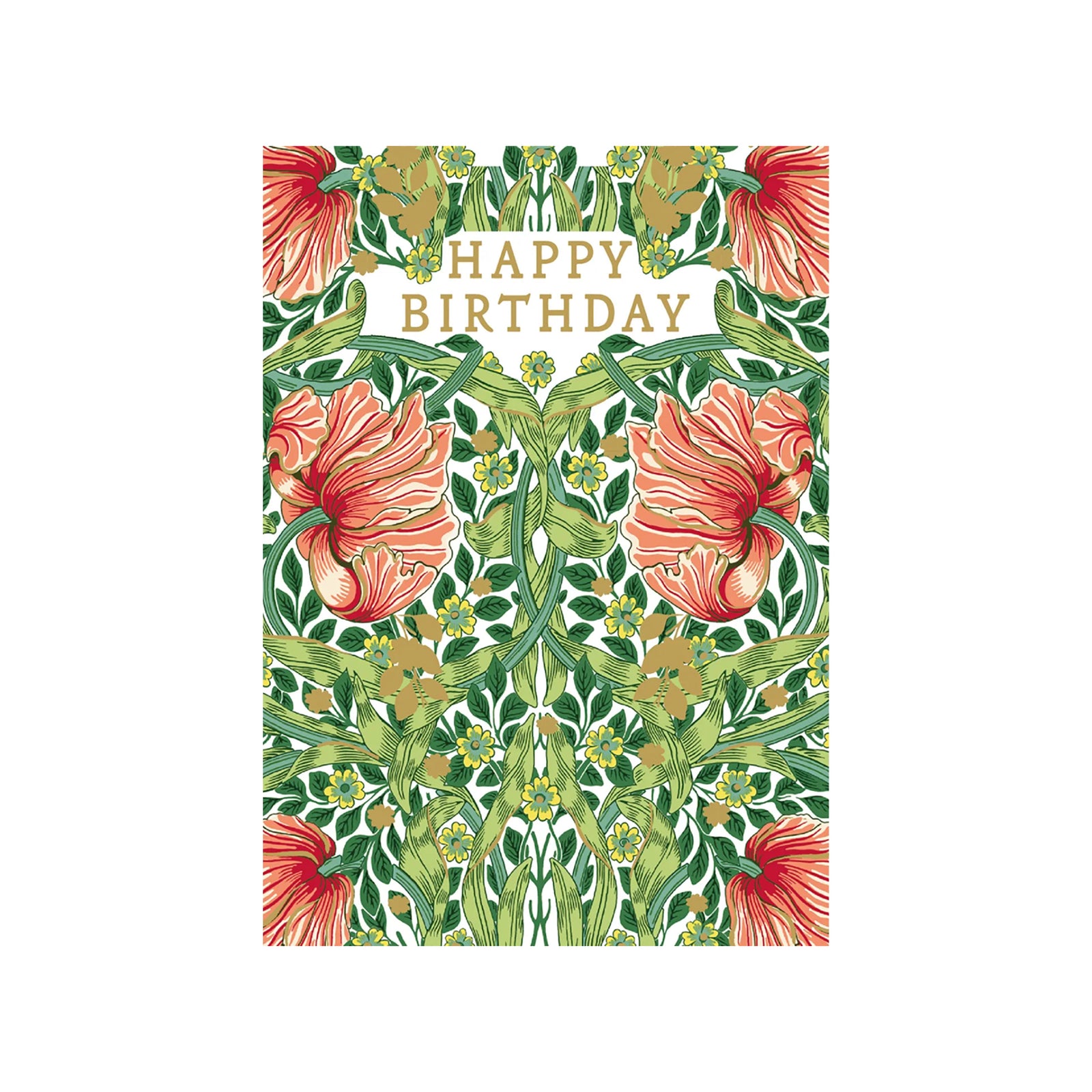 Greeting card with 'Happy Birthday' gold text on a background featuring the William Morris 'Pimpernel' print in reds and greens.