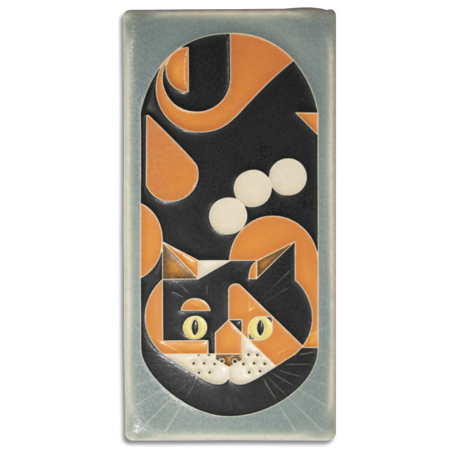 This friendly 4x8 feline is based on Charley Harper’s stylized midcentury design. Motawi tiles are striking art pieces and installation accents. Each tile is made by hand and with heart in Ann Arbor, Michigan. Tiles are 5/8" thick and have a notch at the back for hanging. Tile easel sold separately.