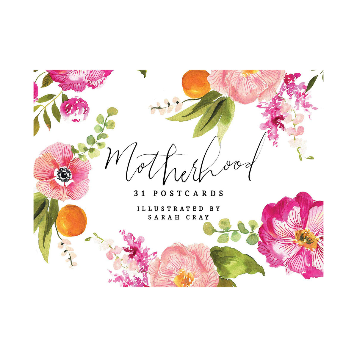 Floral design with text 'Motherhood 31 Postcards Illustrated by Sarah Cray' on a white background