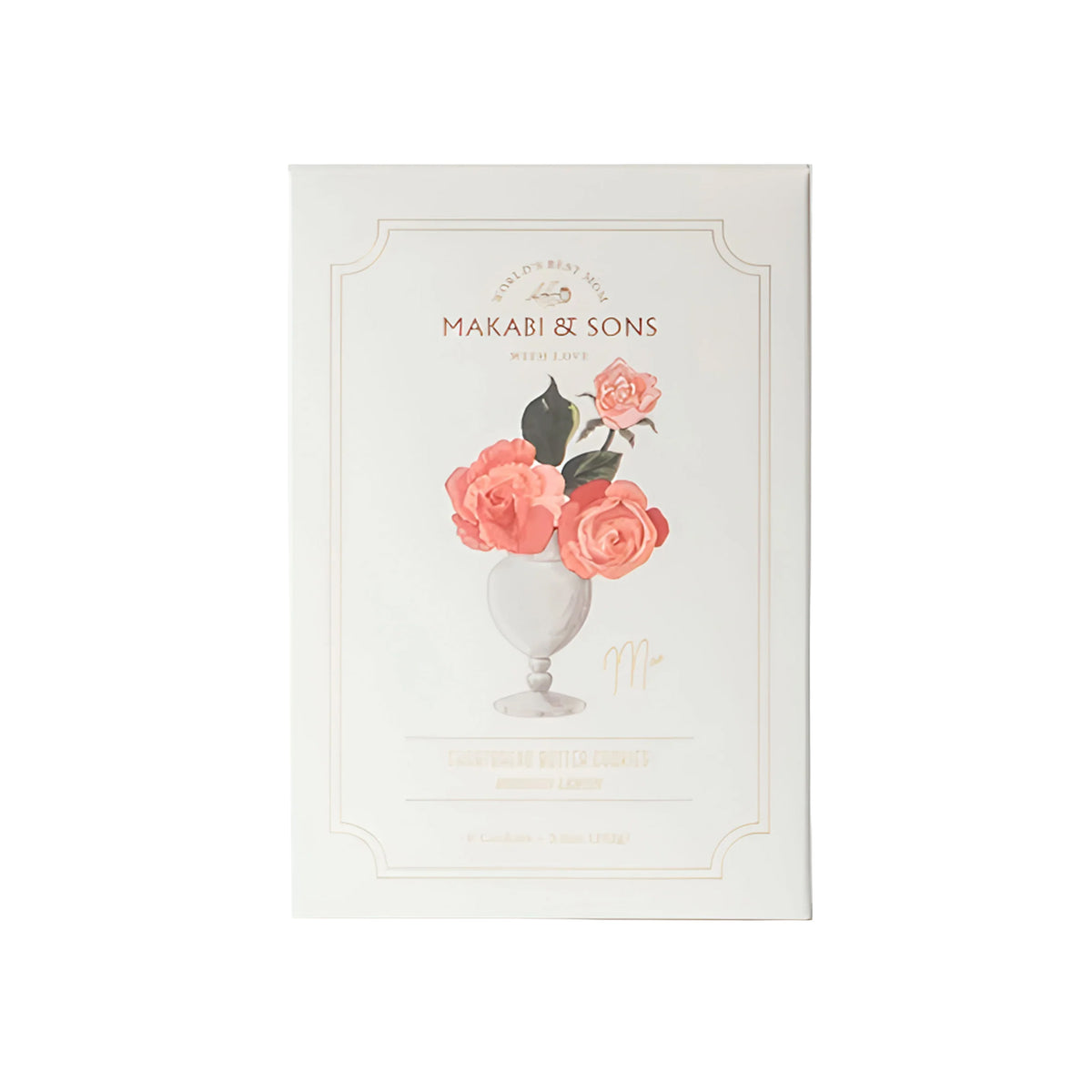 Product packaging for Hibiscus and Lemon Mother's Day shortbread cookies with floral design and 'Makabi & Sons' branding on a white background