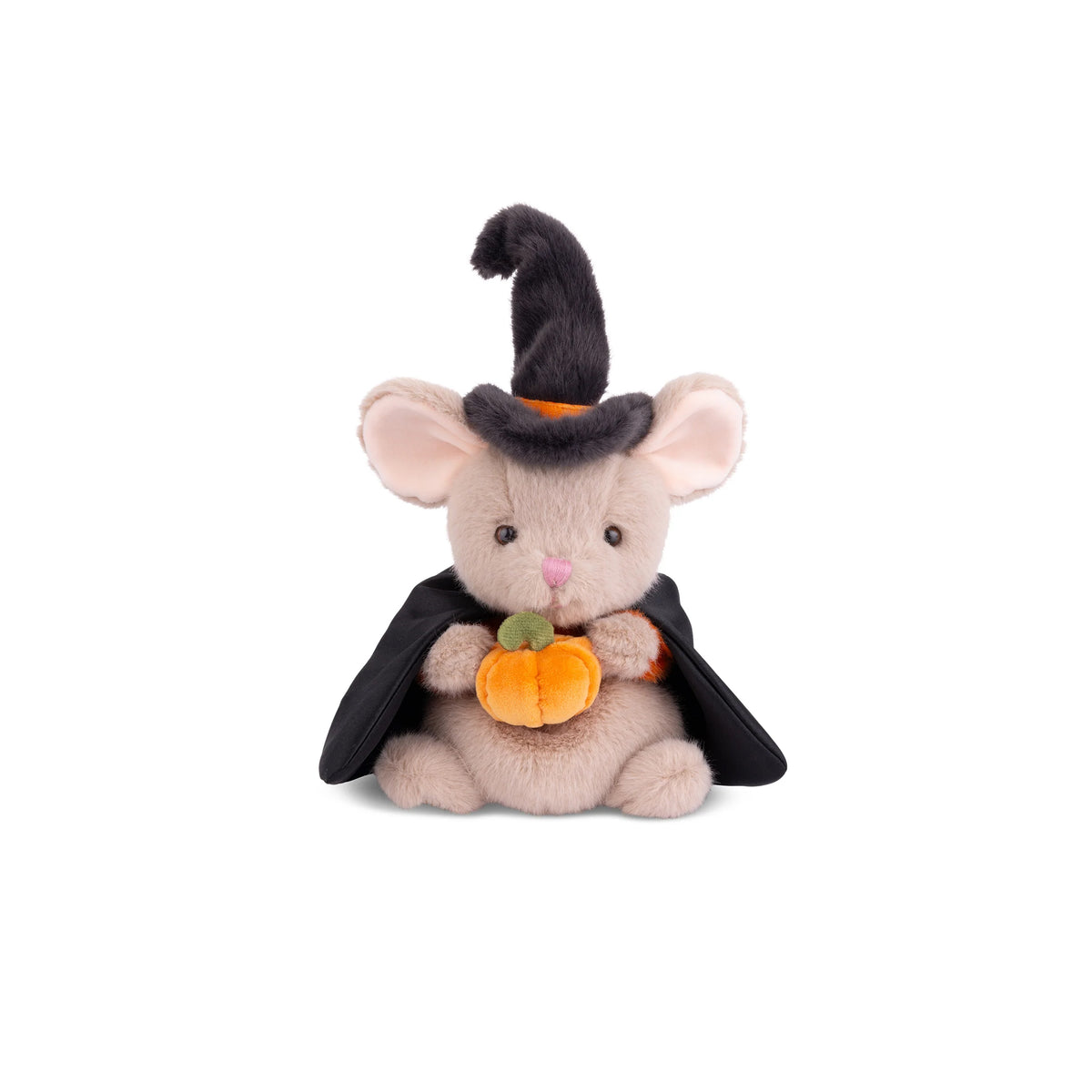 A plush mouse toy dressed as a witch, wearing a black pointed hat with an orange band and a black cape, holding a small orange pumpkin against a plain white background.