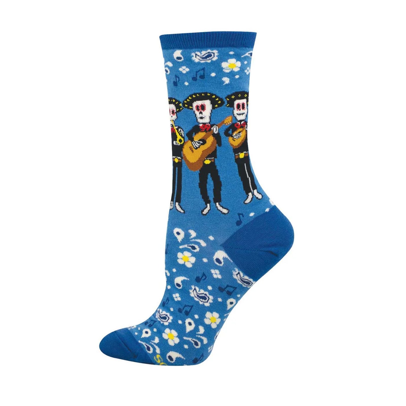 Blue sock with mariachi skeleton design on a white background