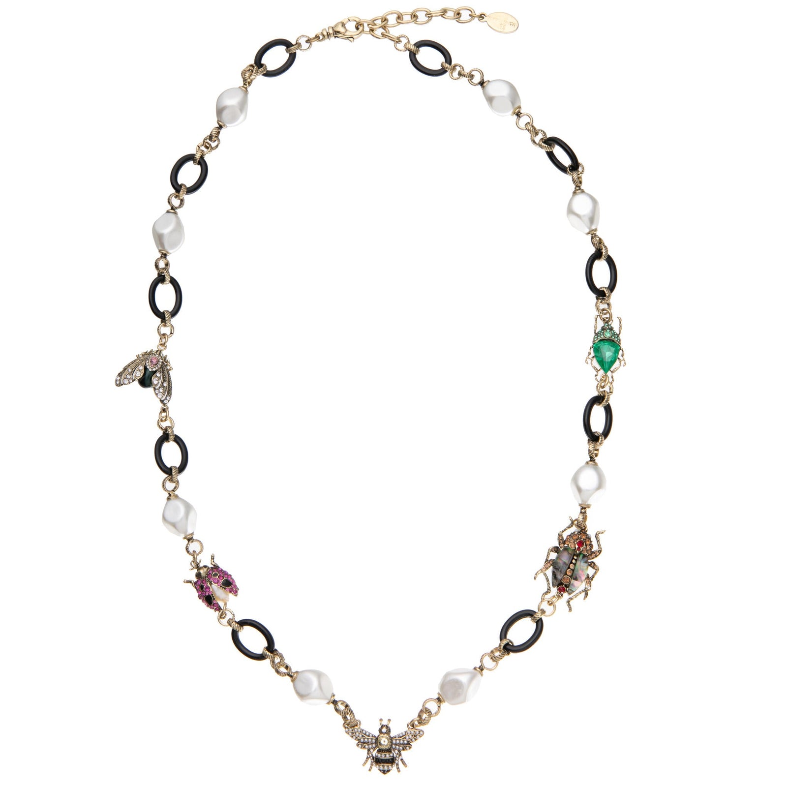 Necklace with various beads and bug-shaped charms on a white background