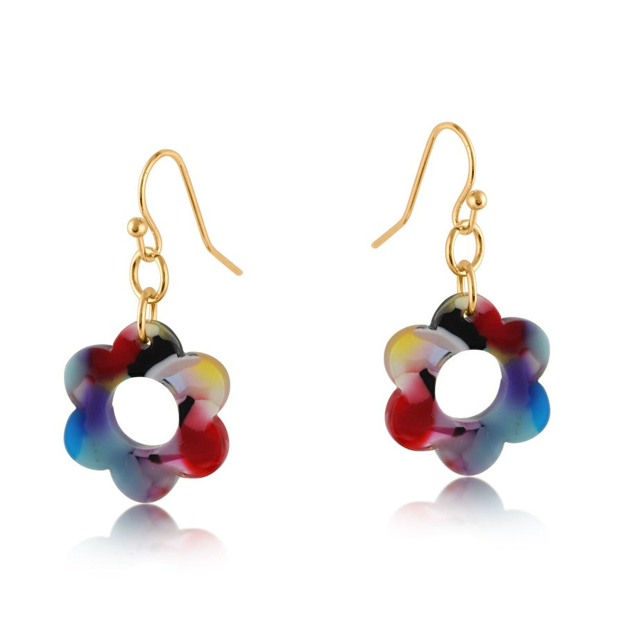 Multicolored flower-shaped earrings with gold hooks on a white background