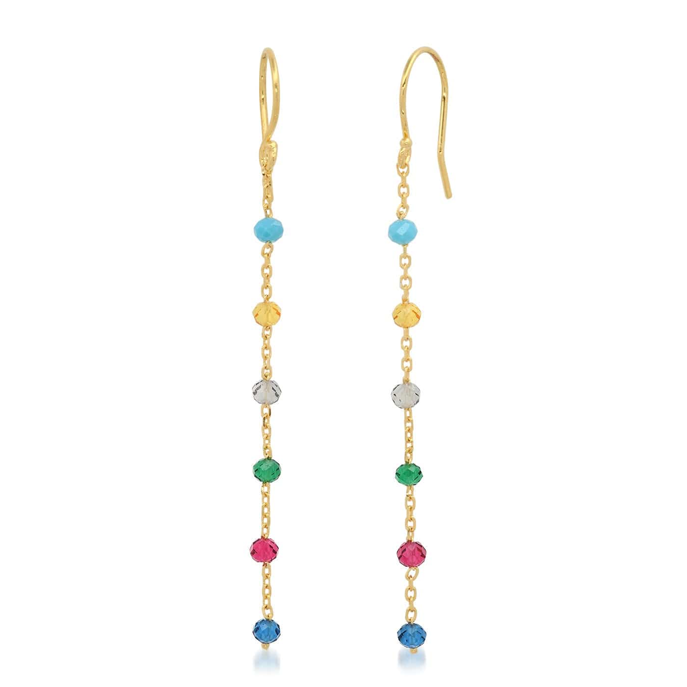 Make a bold yet elegant statement with these multi-colored cubic zirconia stone dangle earrings. Set on a delicate gold vermeil chain, these will add a pop of sparkling, sophisticated color to any outfit.  Materials: Gold vermeil, cubic zirconia Length: 1.5" Fastening: French hooks.