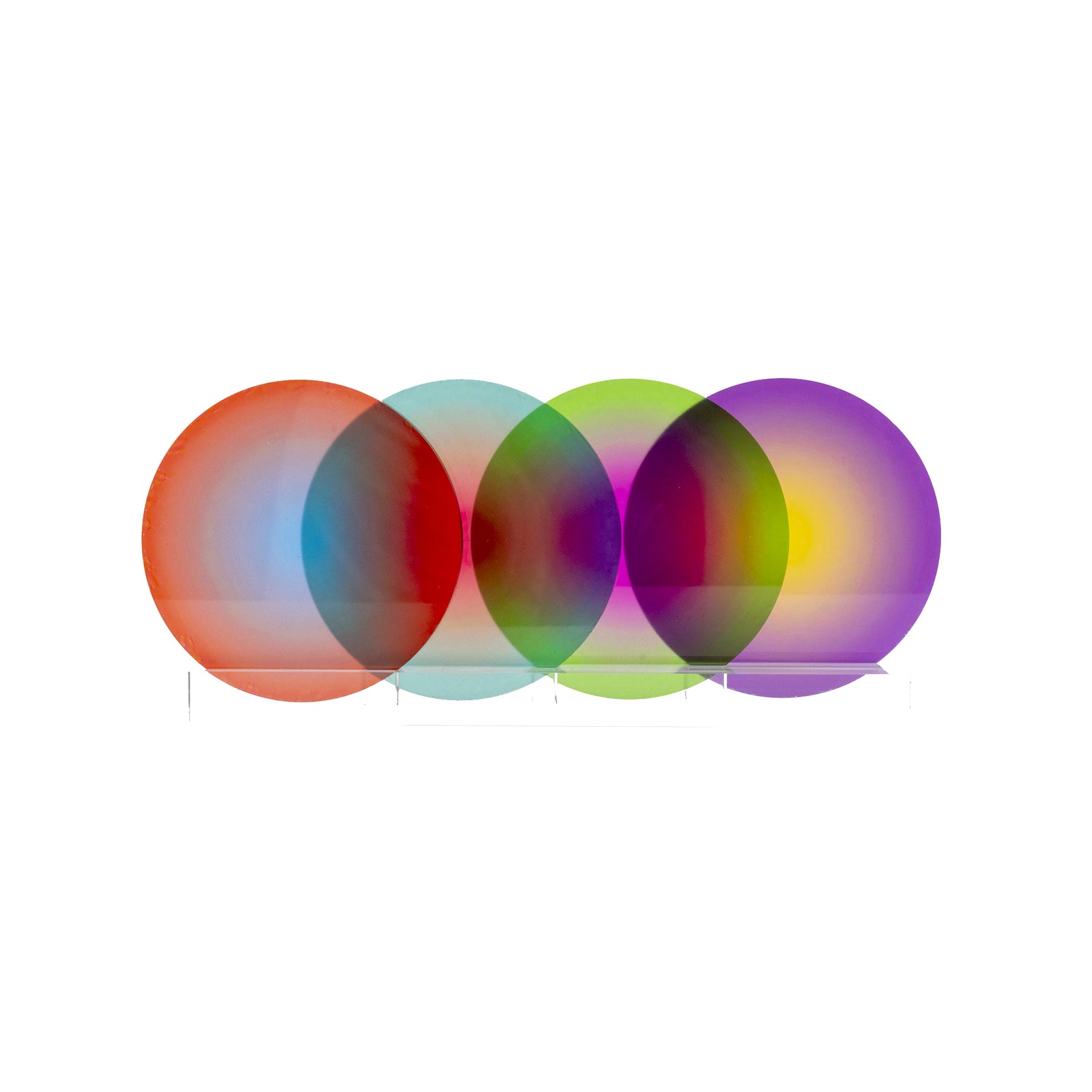 Graphic artist Yoni Alter looks to create products that can become works of art when not serving their functional purpose. With bright and bold colors, Yoni offers new and fresh ways to observe the everyday. Combining the graphic and artistic, the literal and the abstract, highlighting geometric space and form, his art is playful, positive, modern, and minimalist. This set of four-color gradient coasters conforms to this principle; they look just as good as a design piece, nestled in their clear acrylic sta