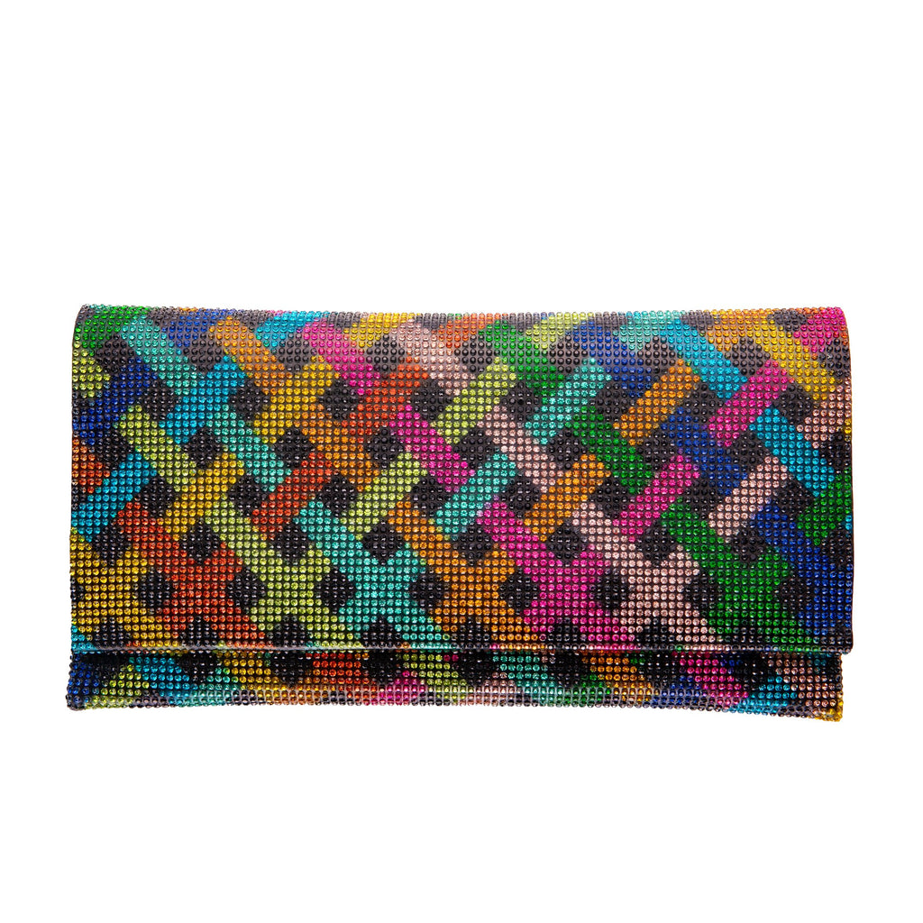 Rainbow plaid rhinestone clutch. Thousands of rhinestones cover this purse, catching the light from every angle. Lined with black silk-satin. Space for your cellphone, keys and lipstick as well as a pocket for cards. Includes a detachable gold 'snake' chain so that you can wear as a shoulder bag.  9.5" x 5" x 1 1/4"
