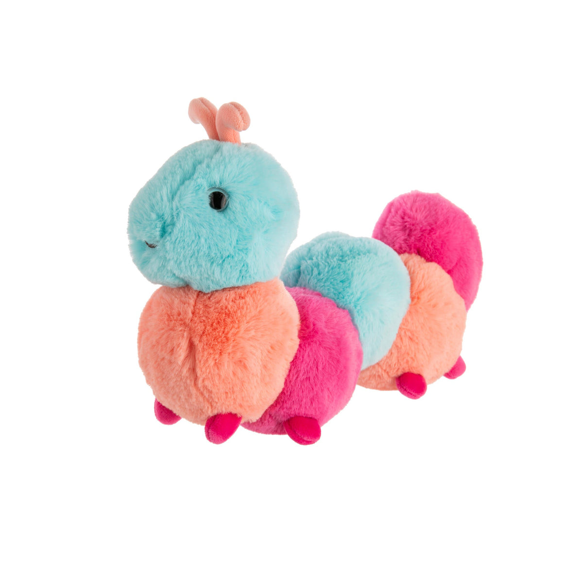 Multicolored plush caterpillar toy on a white background