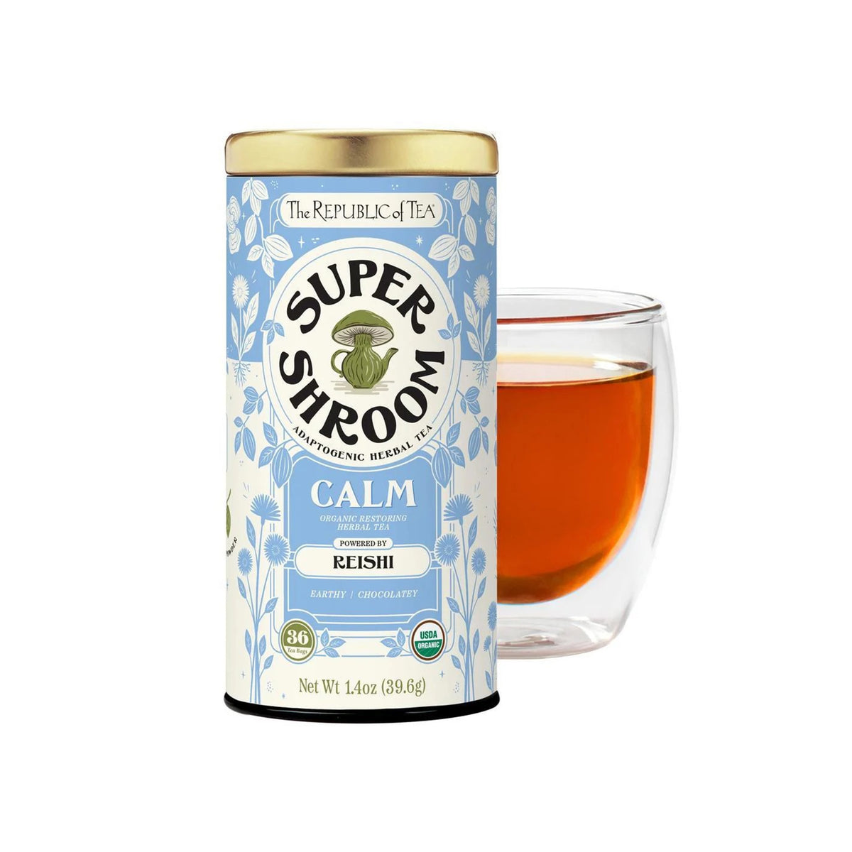 Super Shroom tea canister with a glass of tea on a white background
