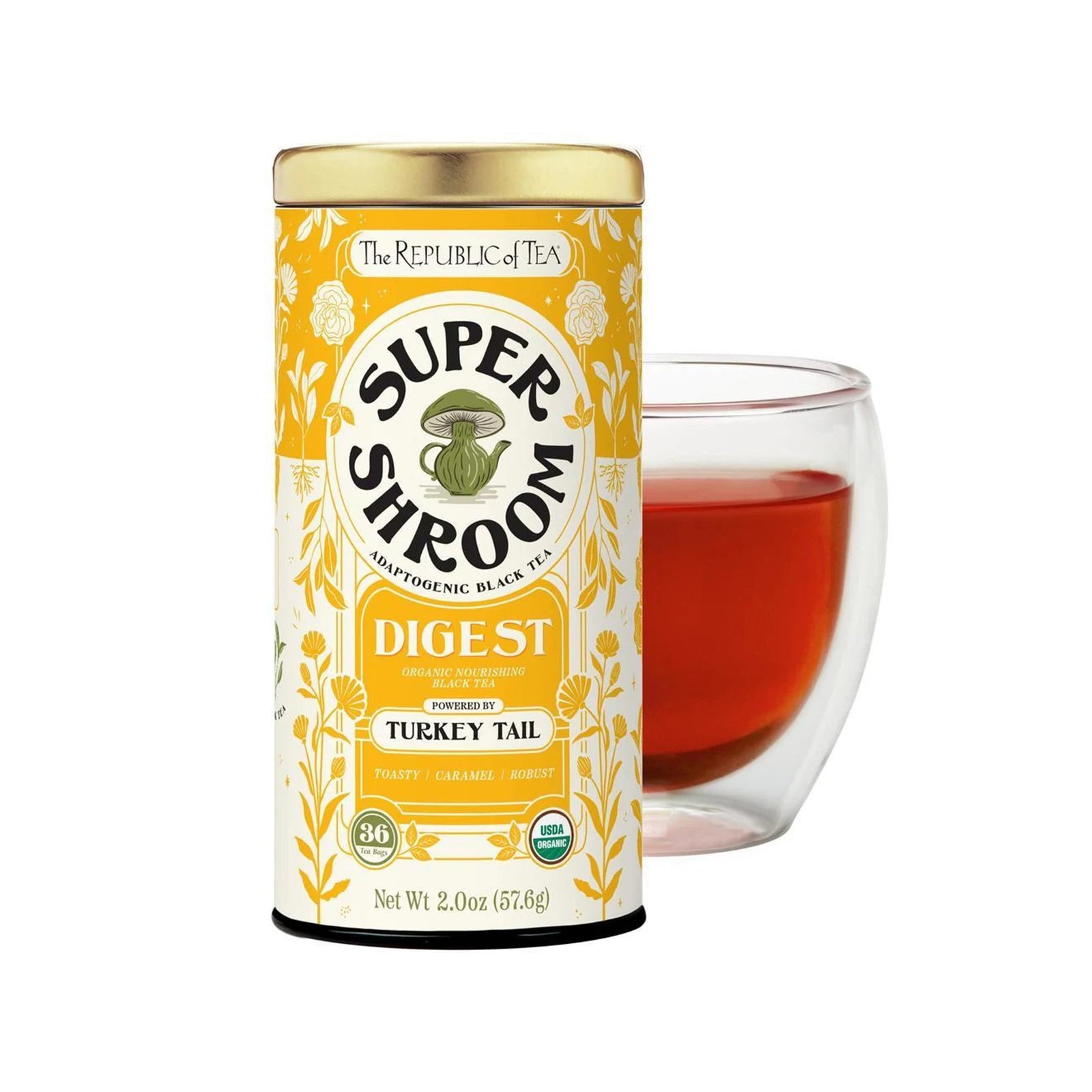 Super Shroom Digest tea canister with gold lid on a white background